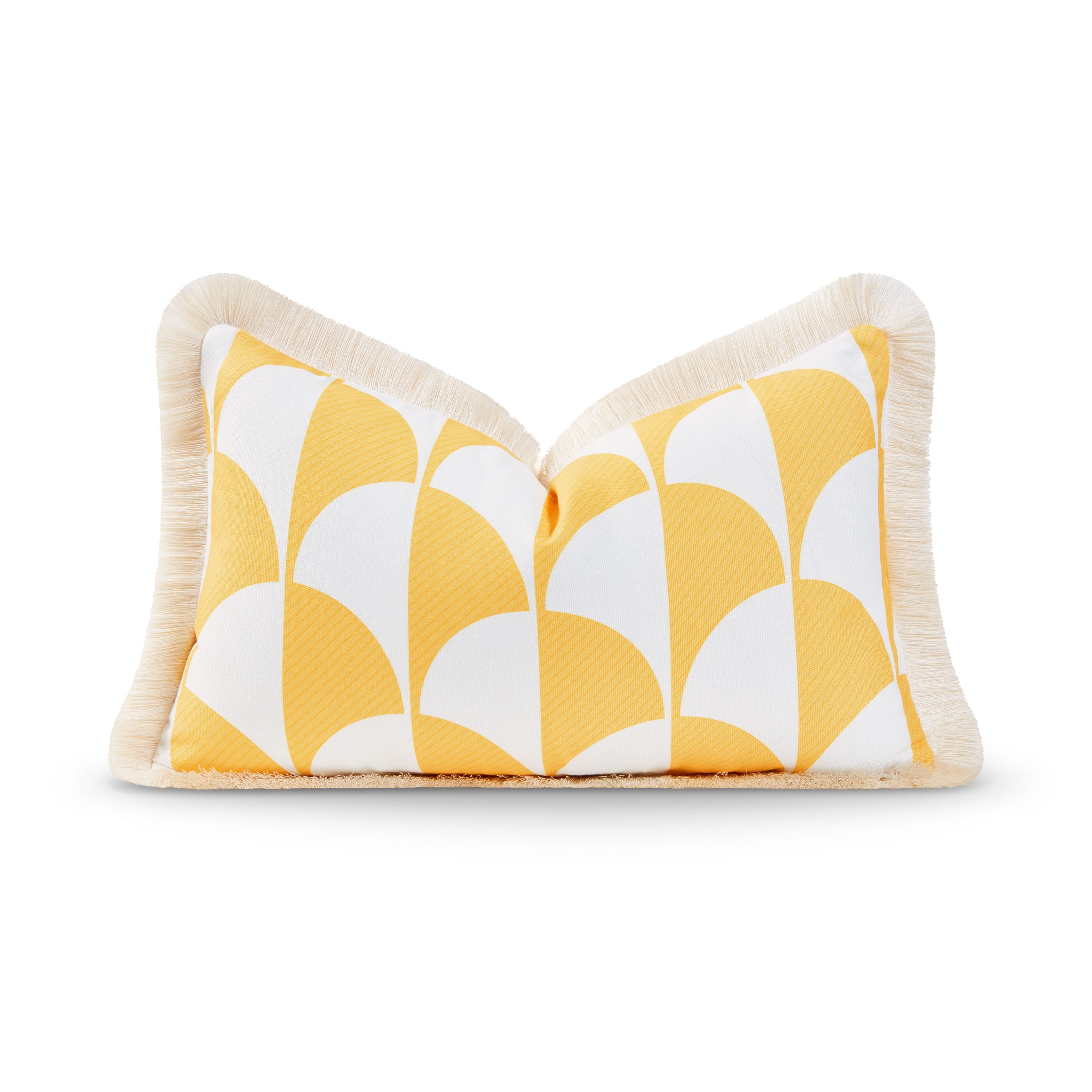Coastal Indoor Outdoor Lumbar Pillow Cover, Scale Motif Fringe, Yellow, 12"x20"