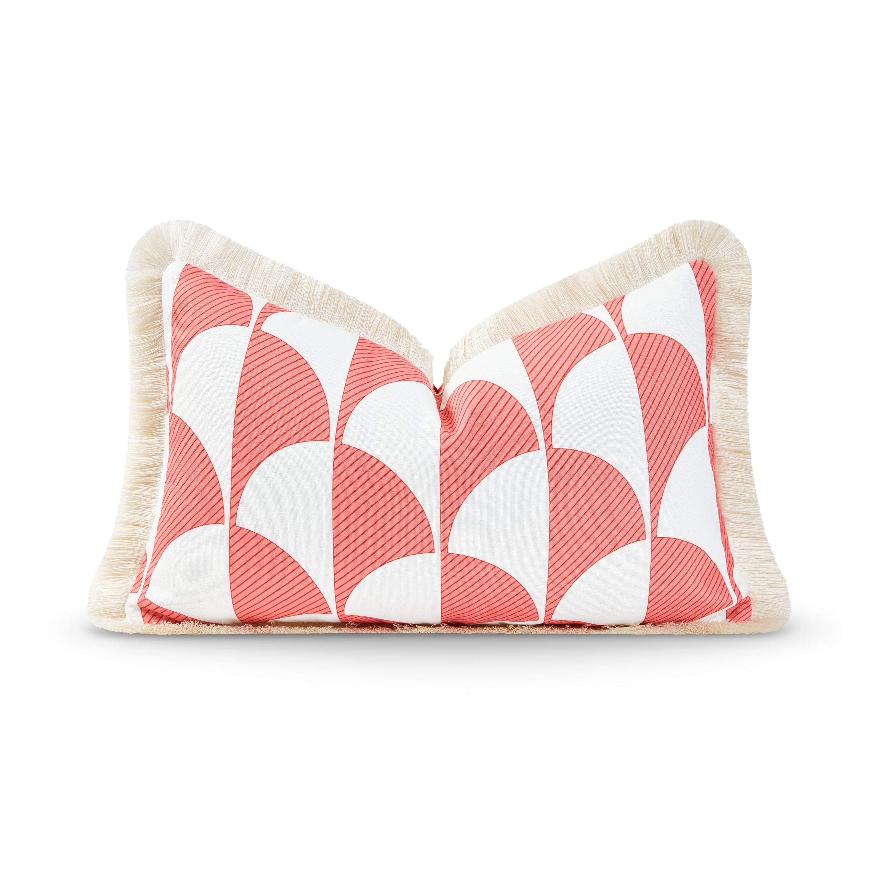 Coastal Indoor Outdoor Lumbar Pillow Cover, Scale Motif Fringe, Coral Pink, 12"x20"