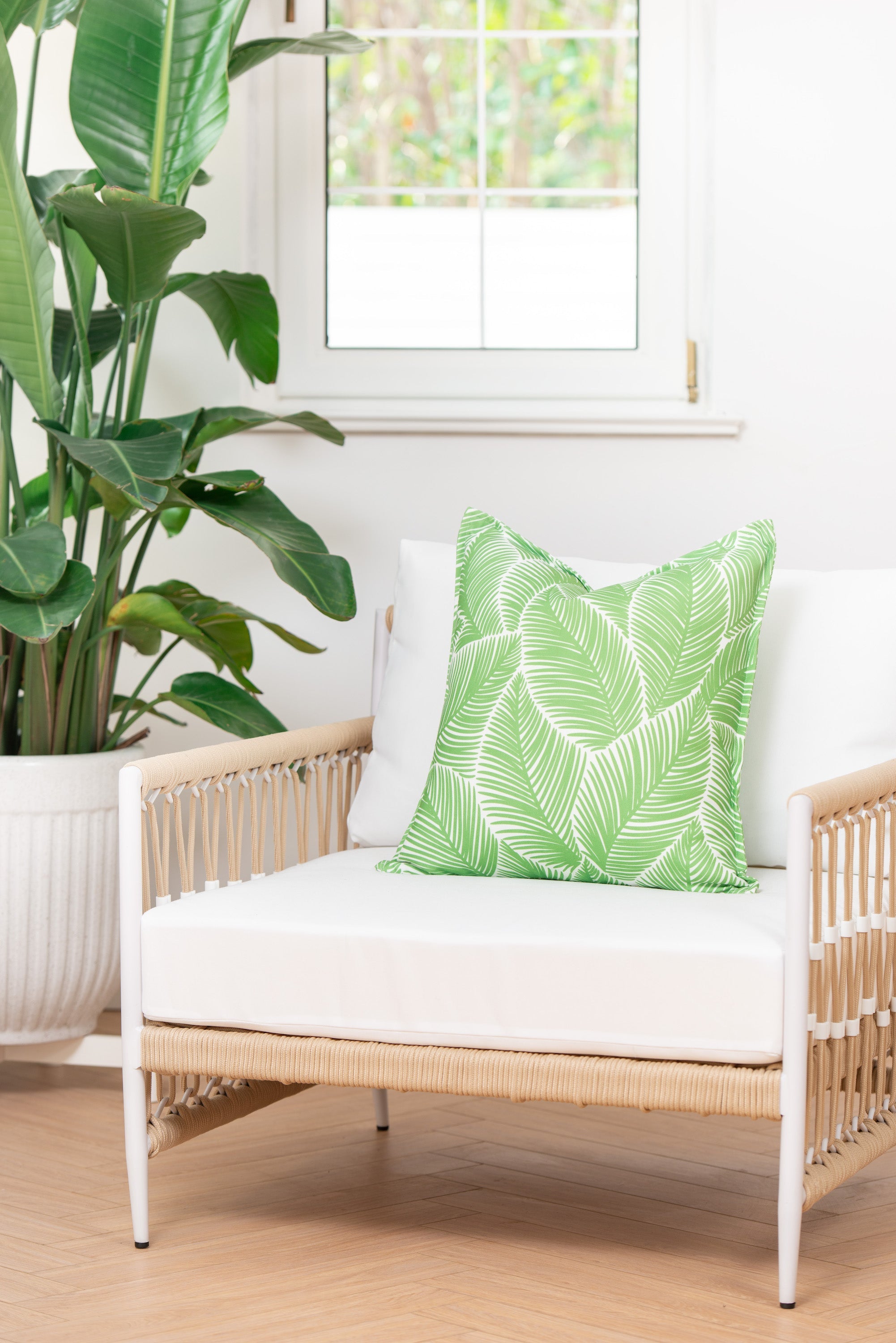 Coastal Indoor Outdoor Pillow Cover, Palm Leaf, Pale Green, 20"x20"