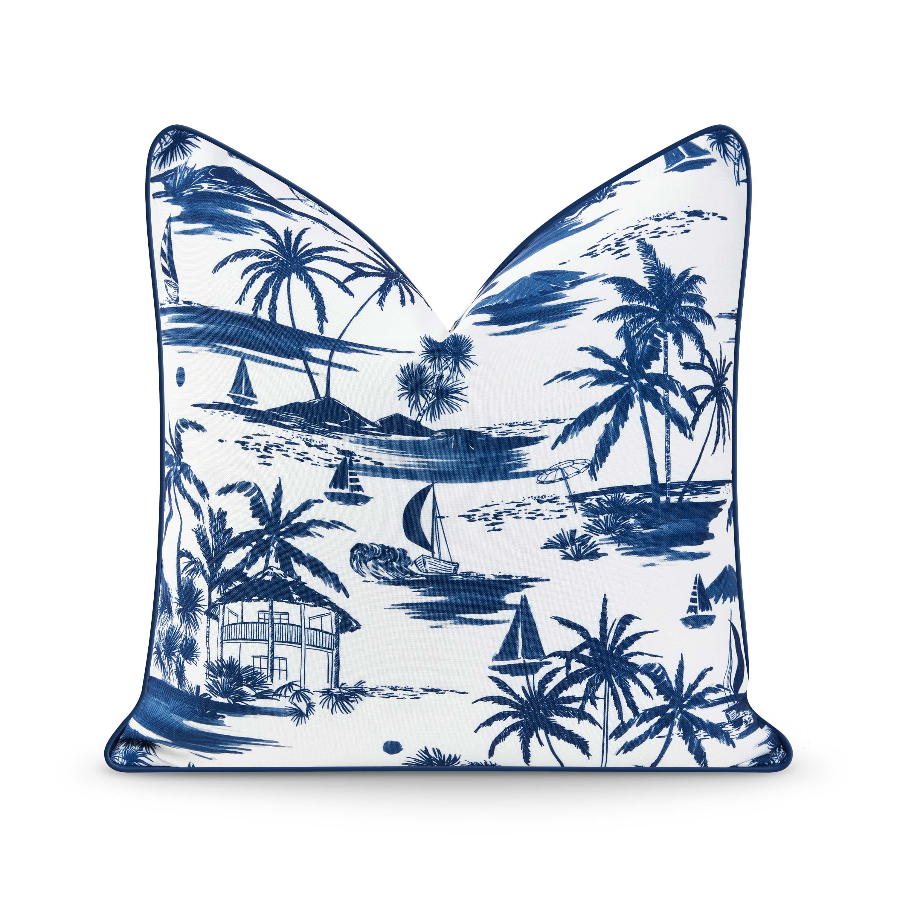 Coastal Hampton Style Indoor Outdoor Pillow Cover, Beach Scene, Navy Blue, 20"x20"-0