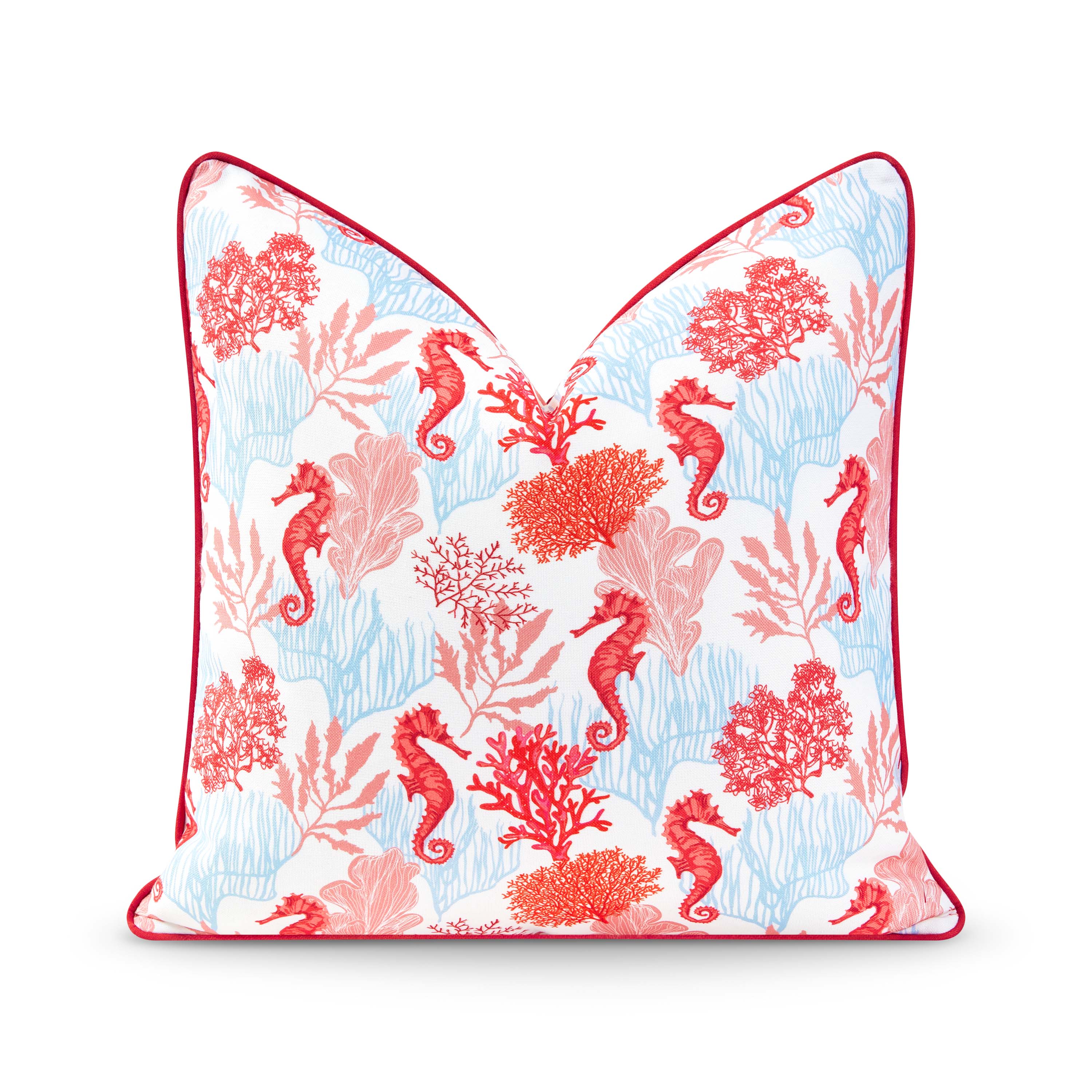Coastal Indoor Outdoor Pillow Cover, Coral Seahorse, Red Pink Baby Blue, 20"x20"