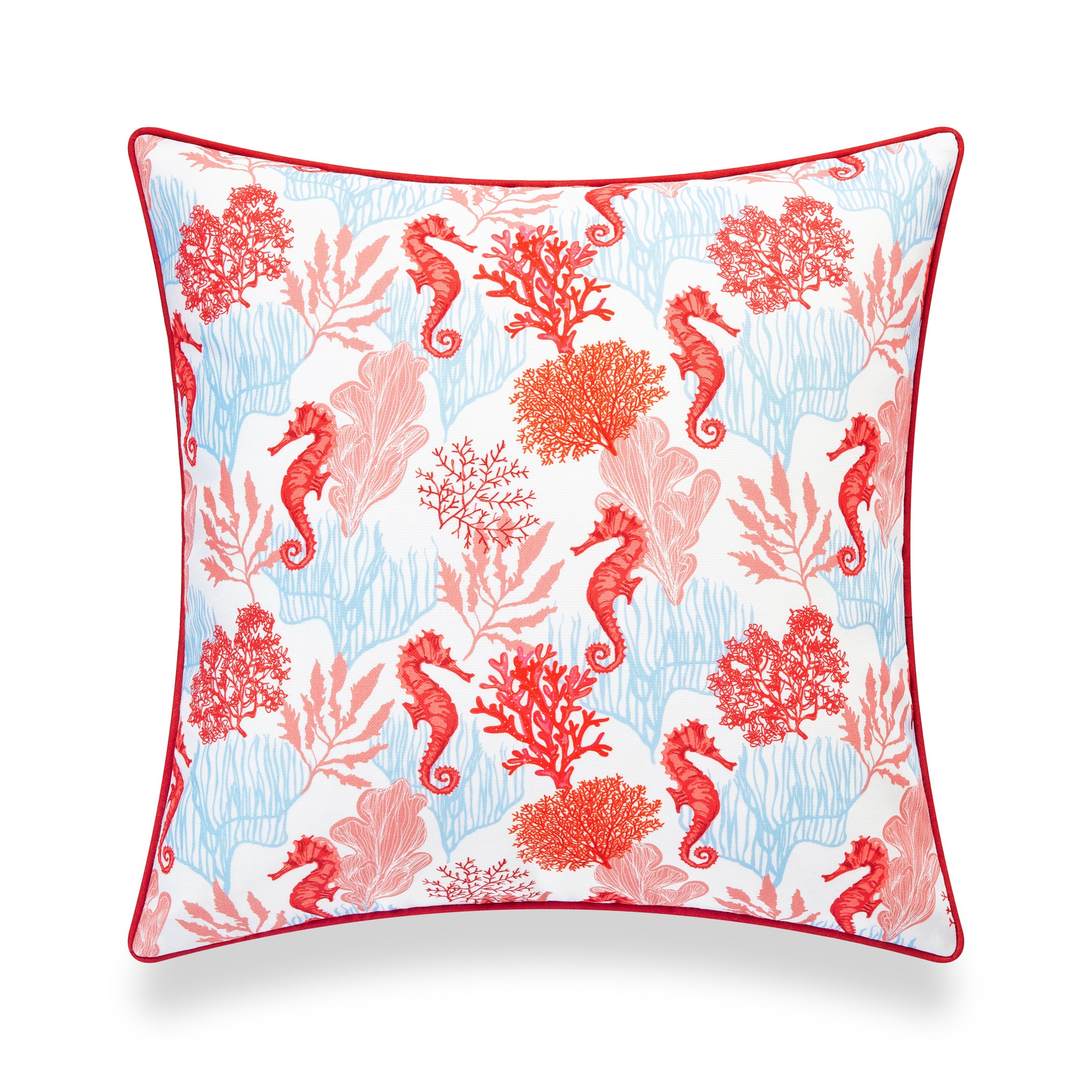 Coastal Indoor Outdoor Pillow Cover, Coral Seahorse, Red Pink Baby Blue, 20"x20"