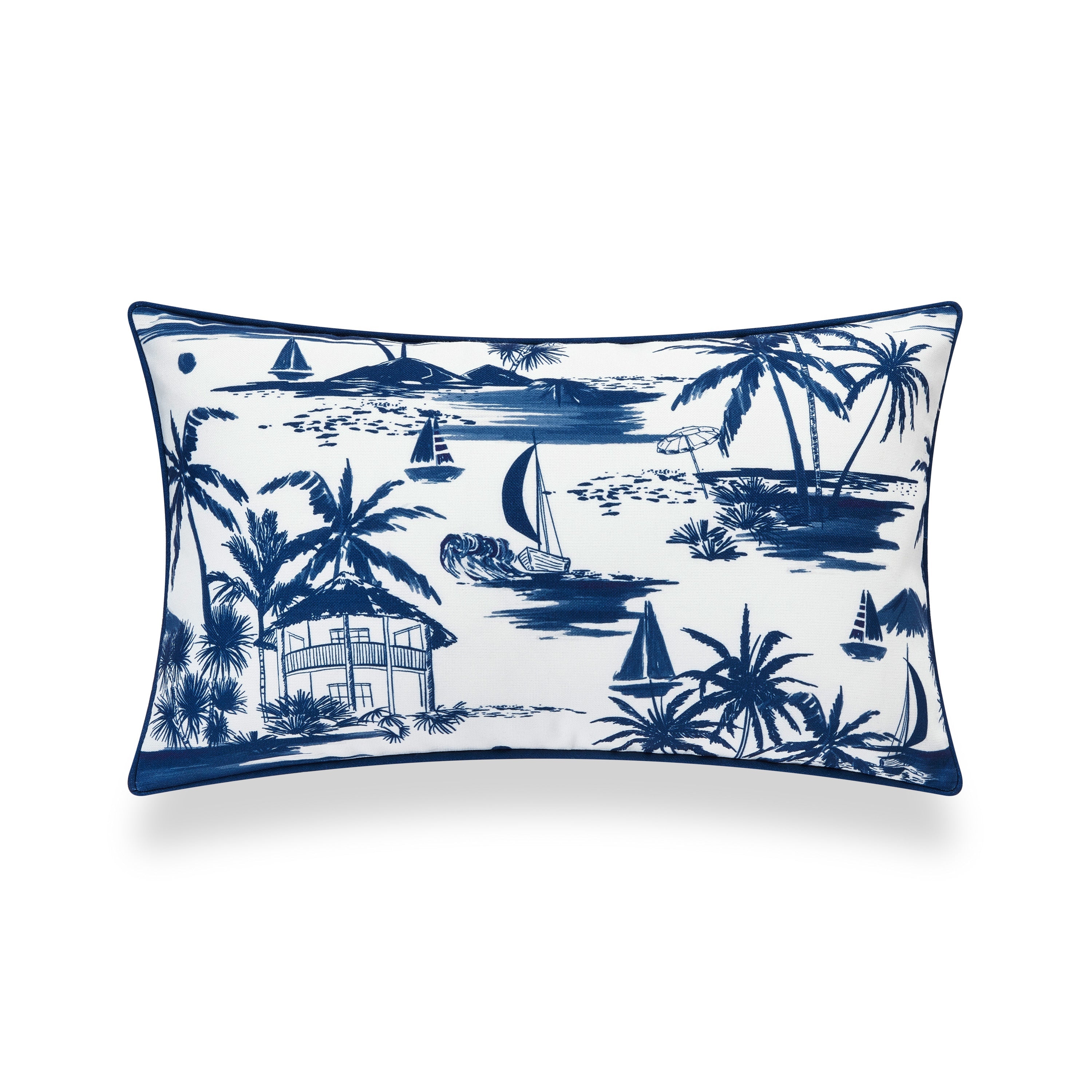 Coastal Hampton Style Indoor Outdoor Lumbar Pillow Cover, Beach Scene, Navy Blue, 12"x20"
