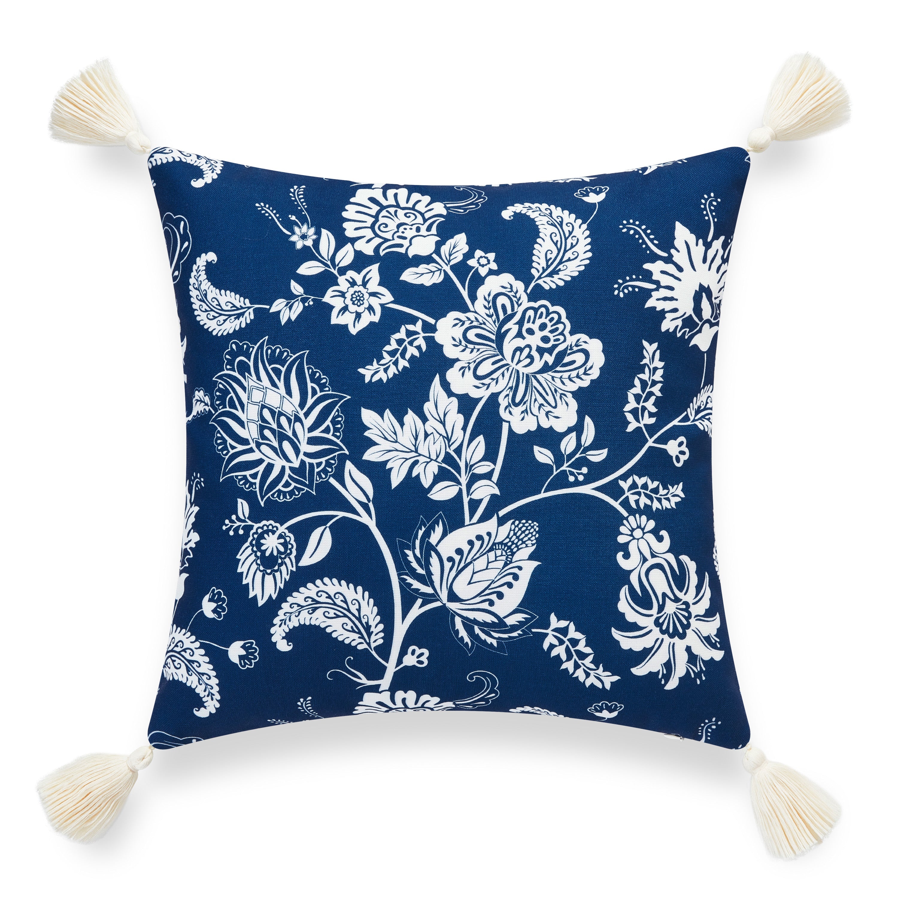 Coastal Hampton Style Indoor Outdoor Throw Pillow Cover, Floral Tassel, Navy Blue, 18"x18"