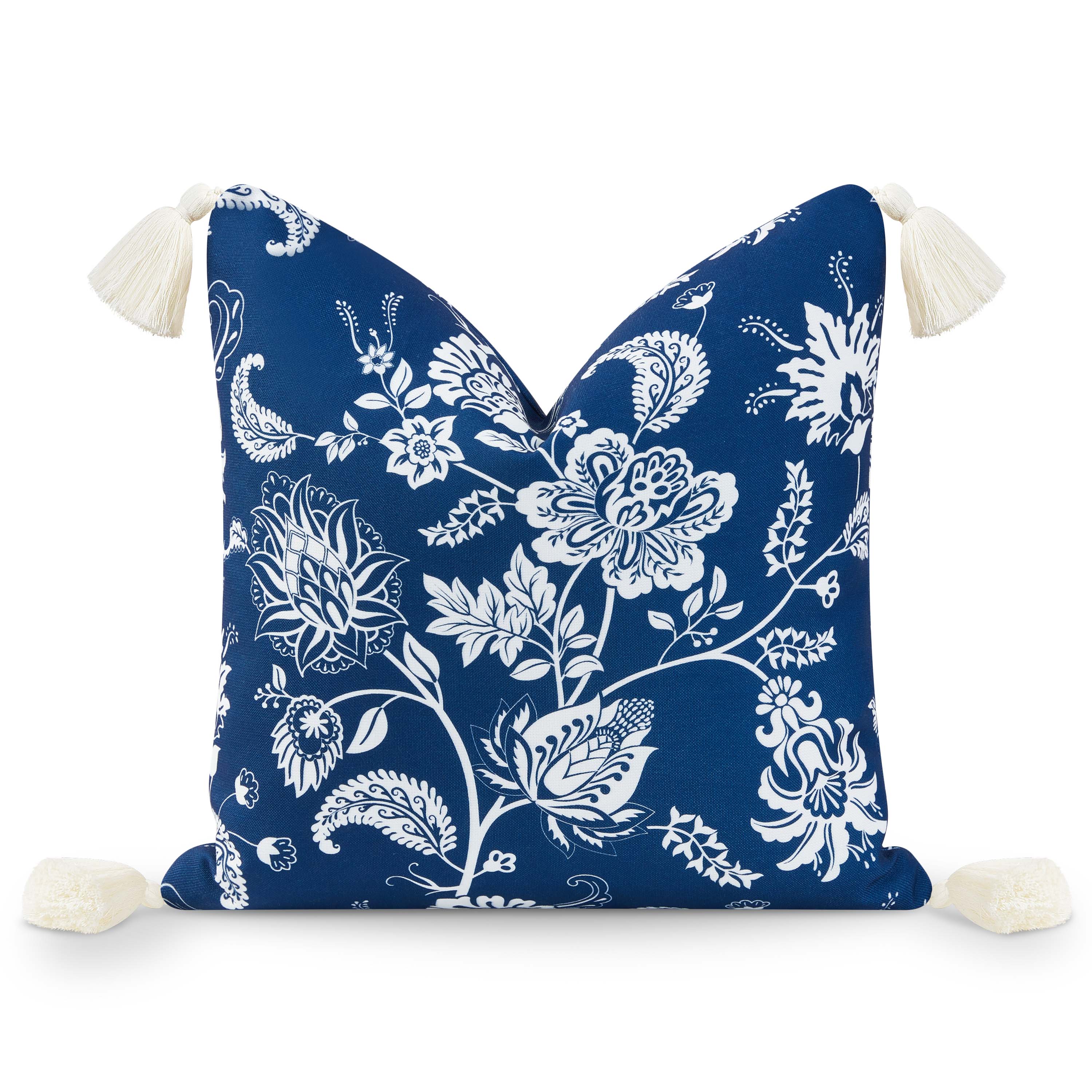 Coastal Hampton Style Indoor Outdoor Throw Pillow Cover, Floral Tassel, Navy Blue, 18"x18"