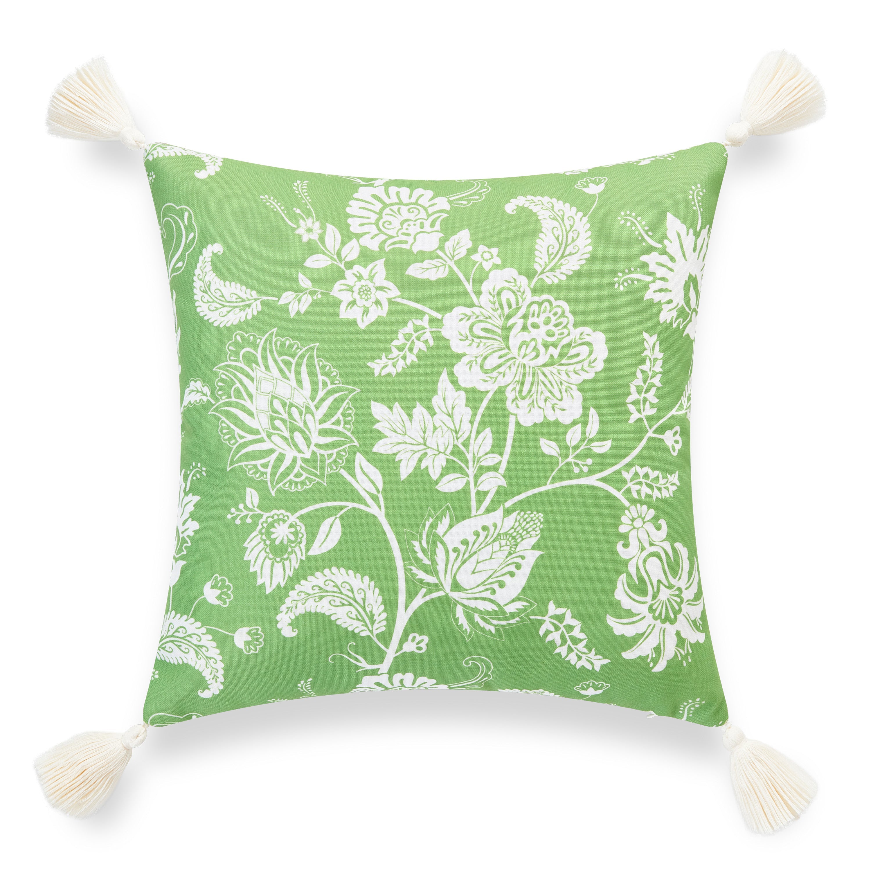 Coastal Indoor Outdoor Throw Pillow Cover, Floral Tassel, Pale Green, 18"x18"