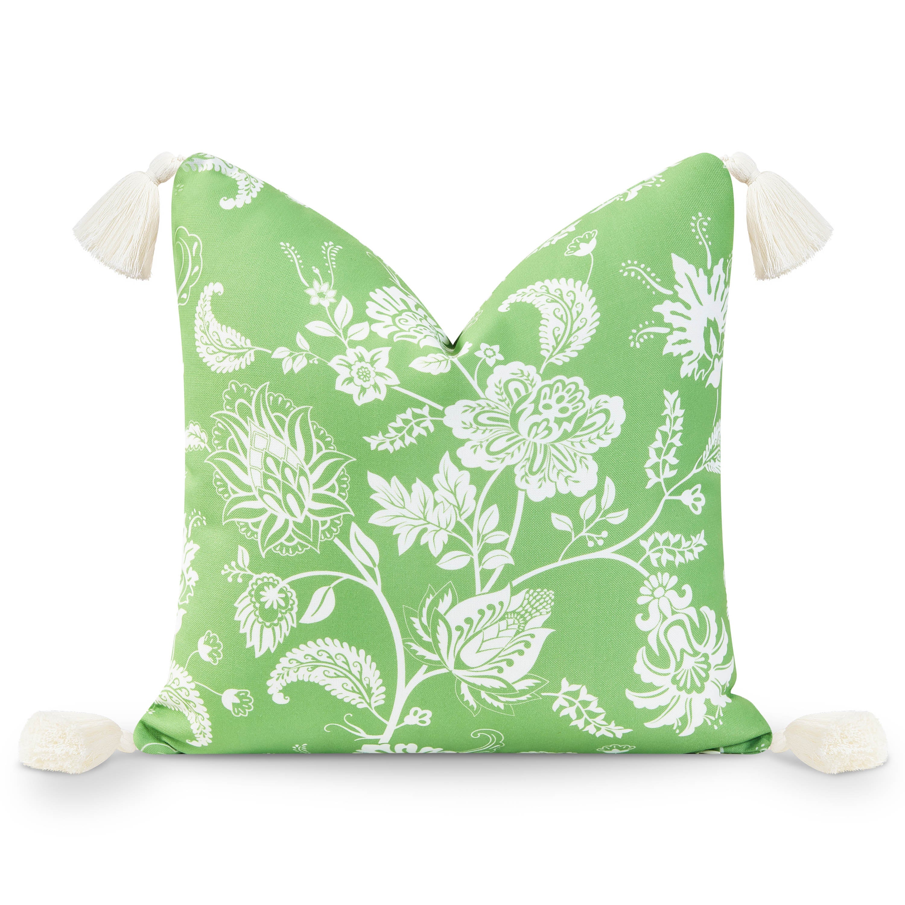 Coastal Indoor Outdoor Throw Pillow Cover, Floral Tassel, Pale Green, 18"x18"