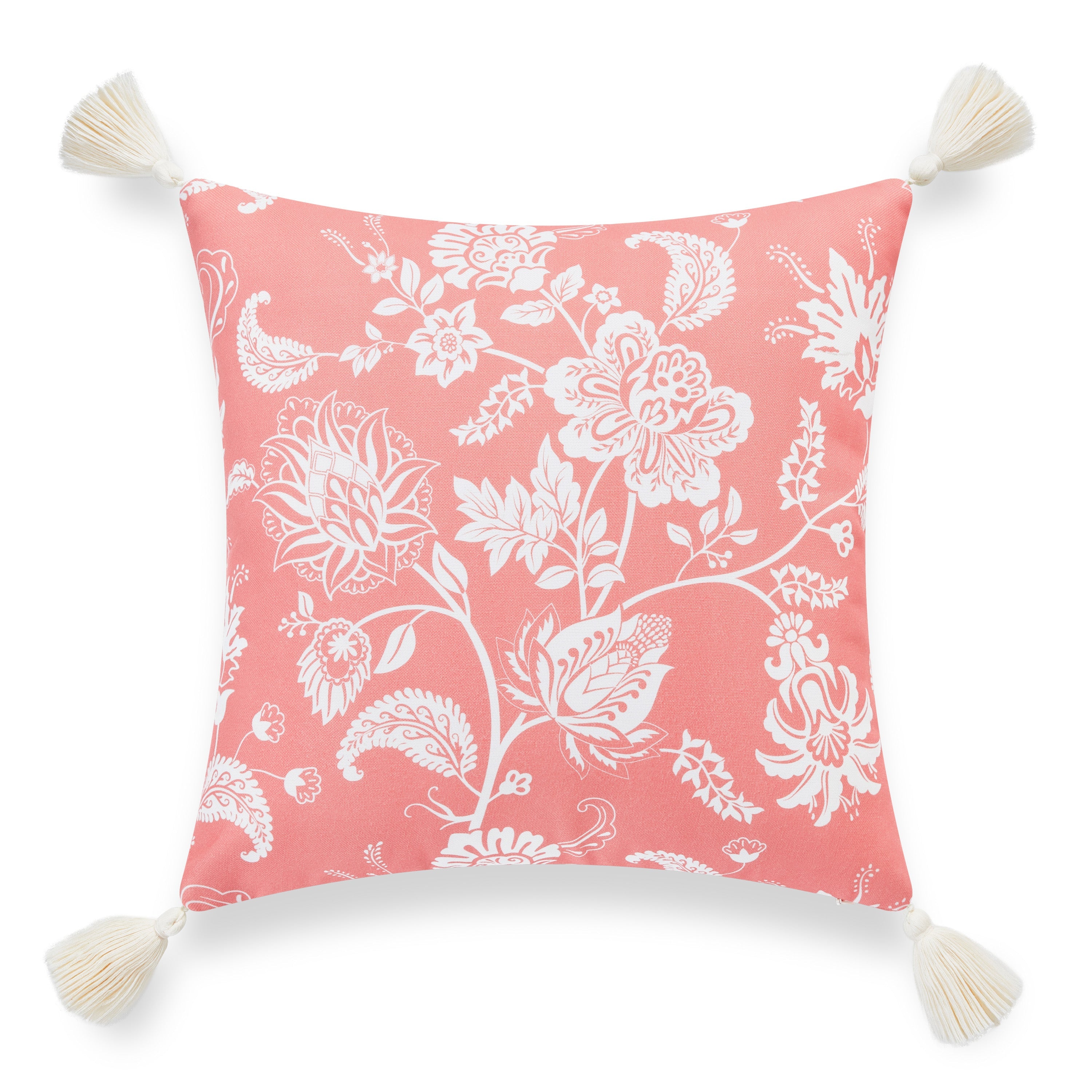 Coastal Indoor Outdoor Throw Pillow Cover, Floral Tassel, Coral Pink, 18"x18"
