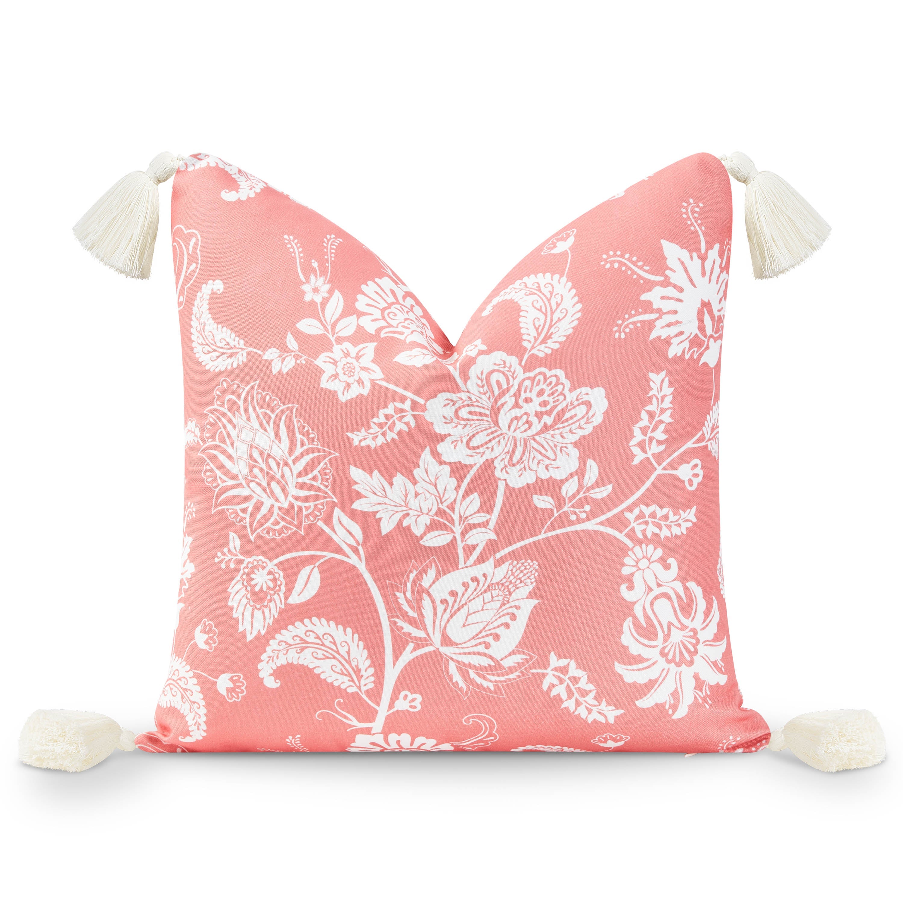 Coastal Indoor Outdoor Throw Pillow Cover, Floral Tassel, Coral Pink, 18"x18"-0