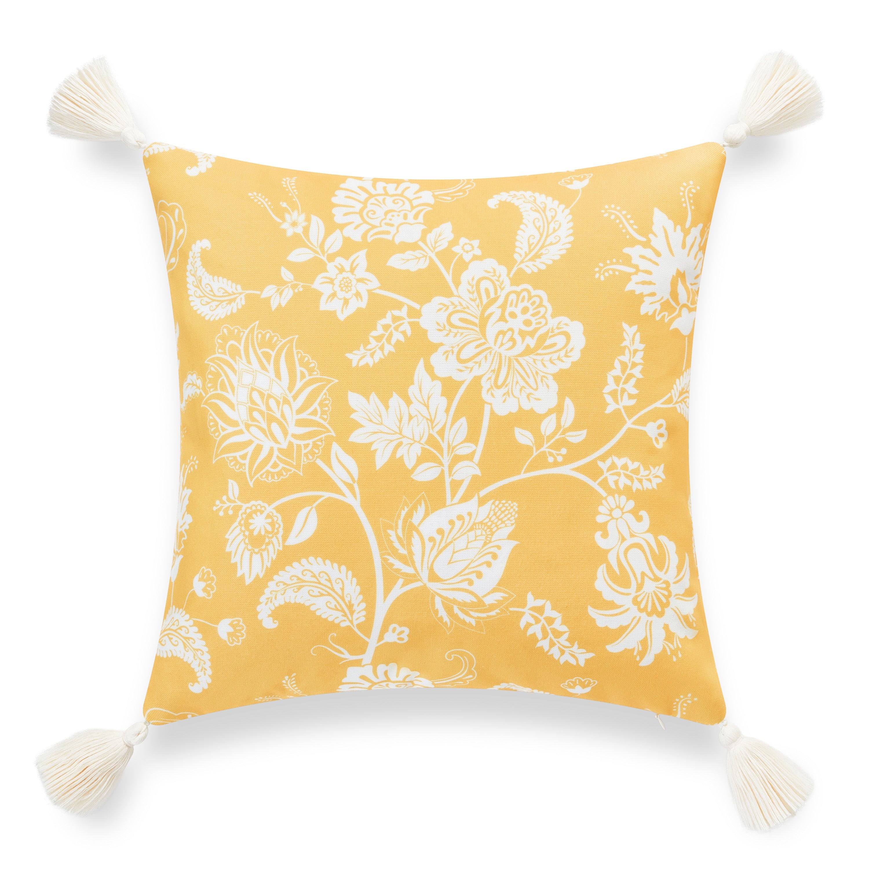 Coastal Indoor Outdoor Throw Pillow Cover, Floral Tassel, Pale Yellow, 18"x18"