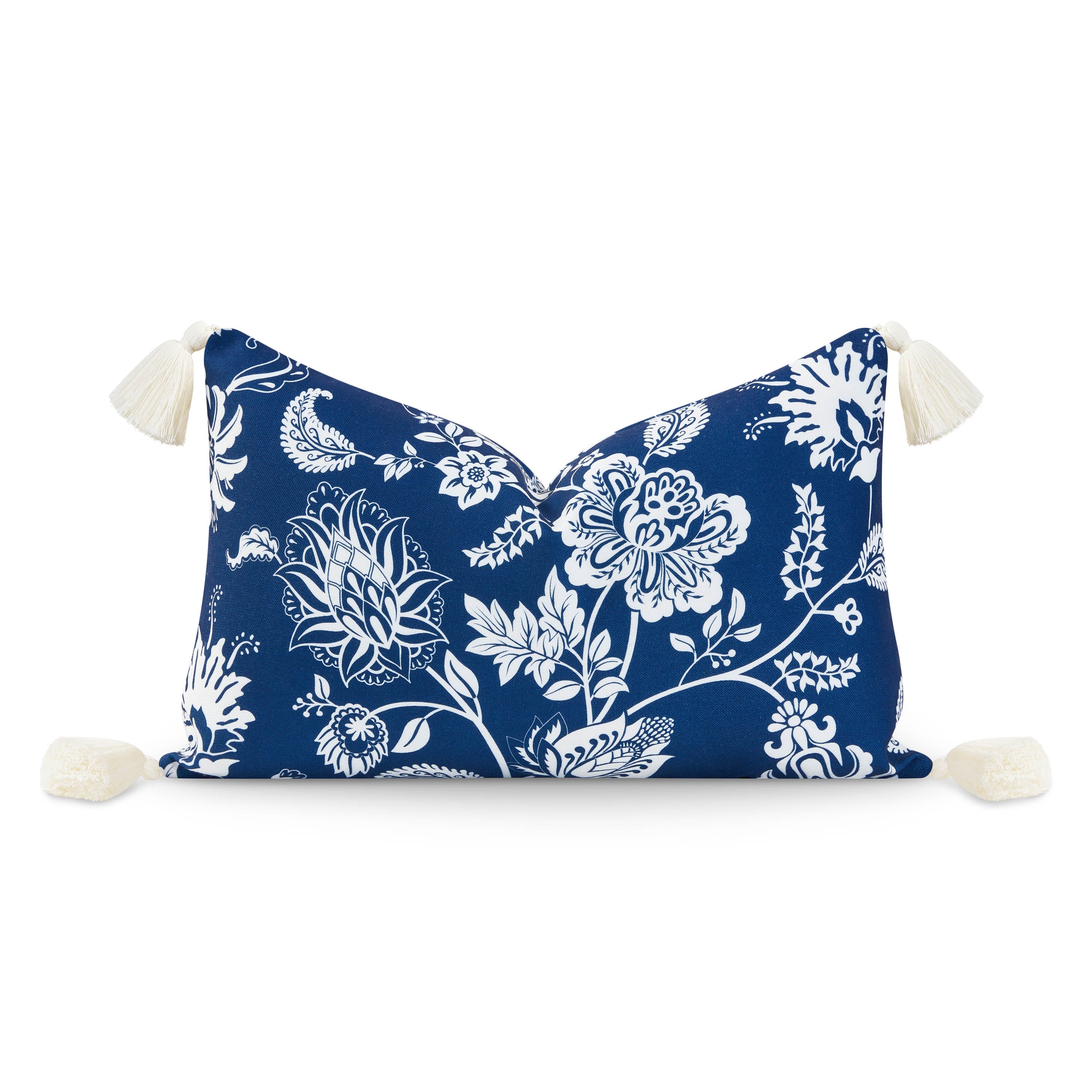 Coastal Hampton Style Indoor Outdoor Lumbar Pillow Cover, Floral Tassel, Navy Blue, 12"x20"
