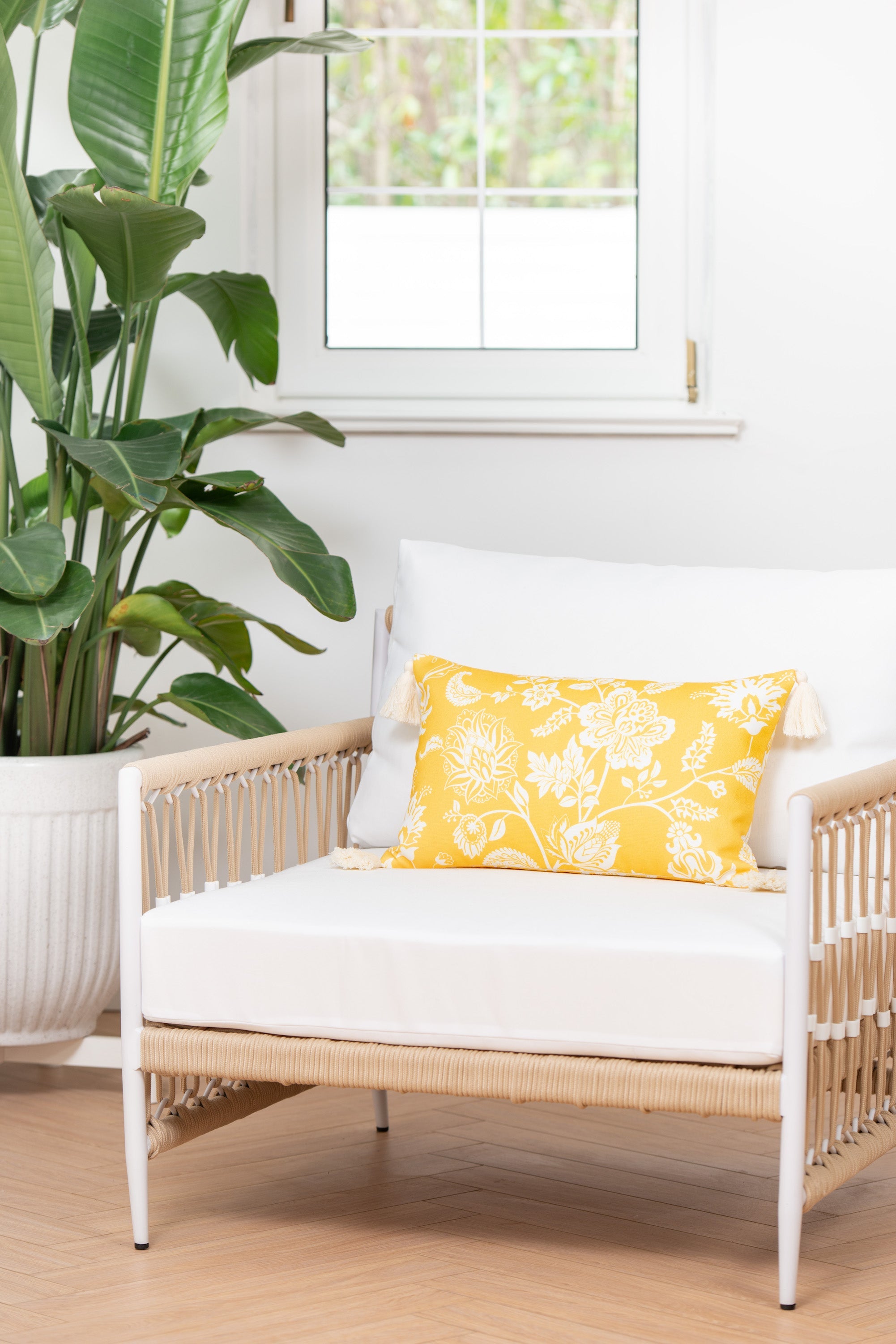Coastal Indoor Outdoor Lumbar Pillow Cover, Floral Tassel, Pale Yellow, 12"x20"