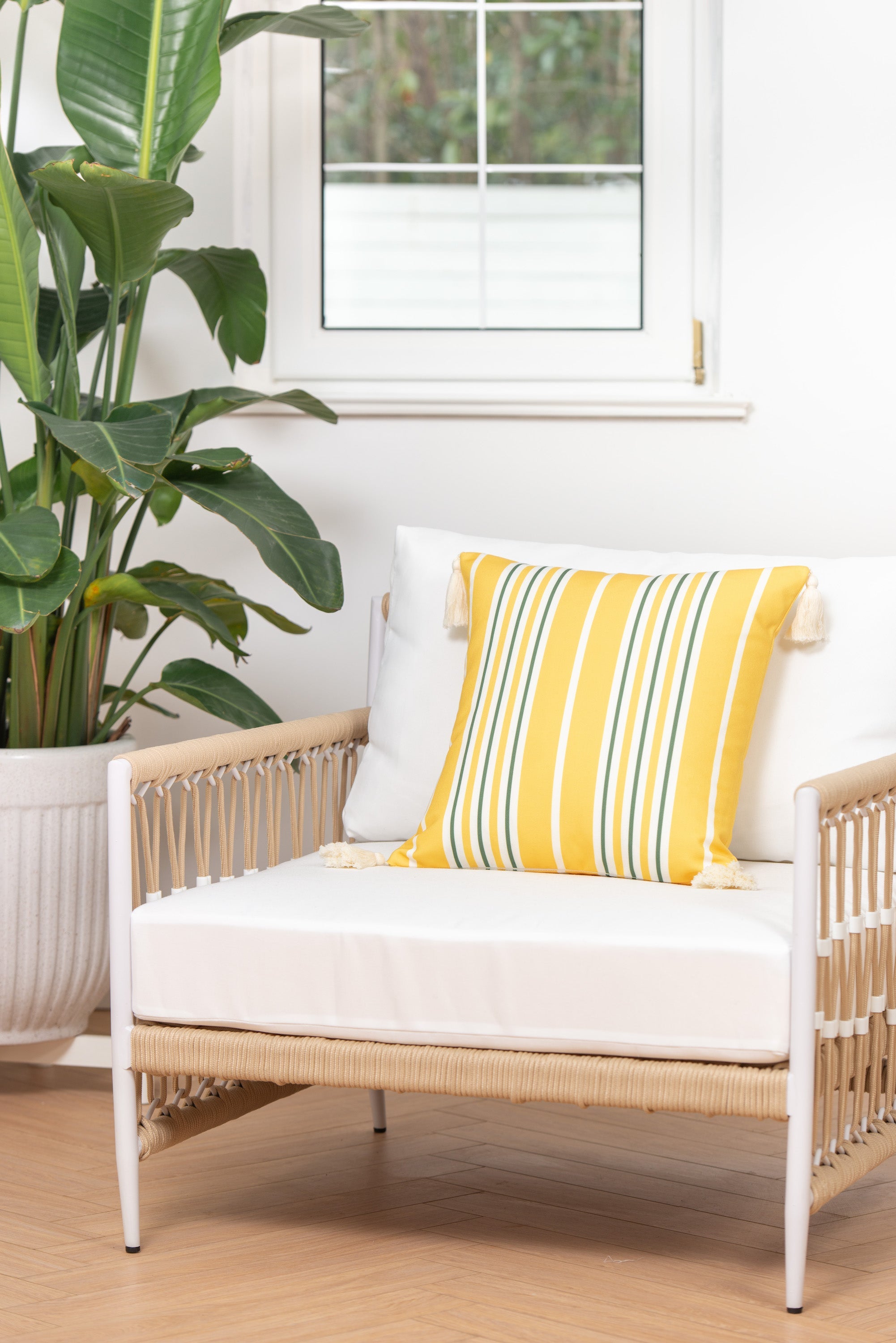 Coastal Indoor Outdoor Throw Pillow Cover, Stripe Tassel, Pale Yellow Green, 18"x18"