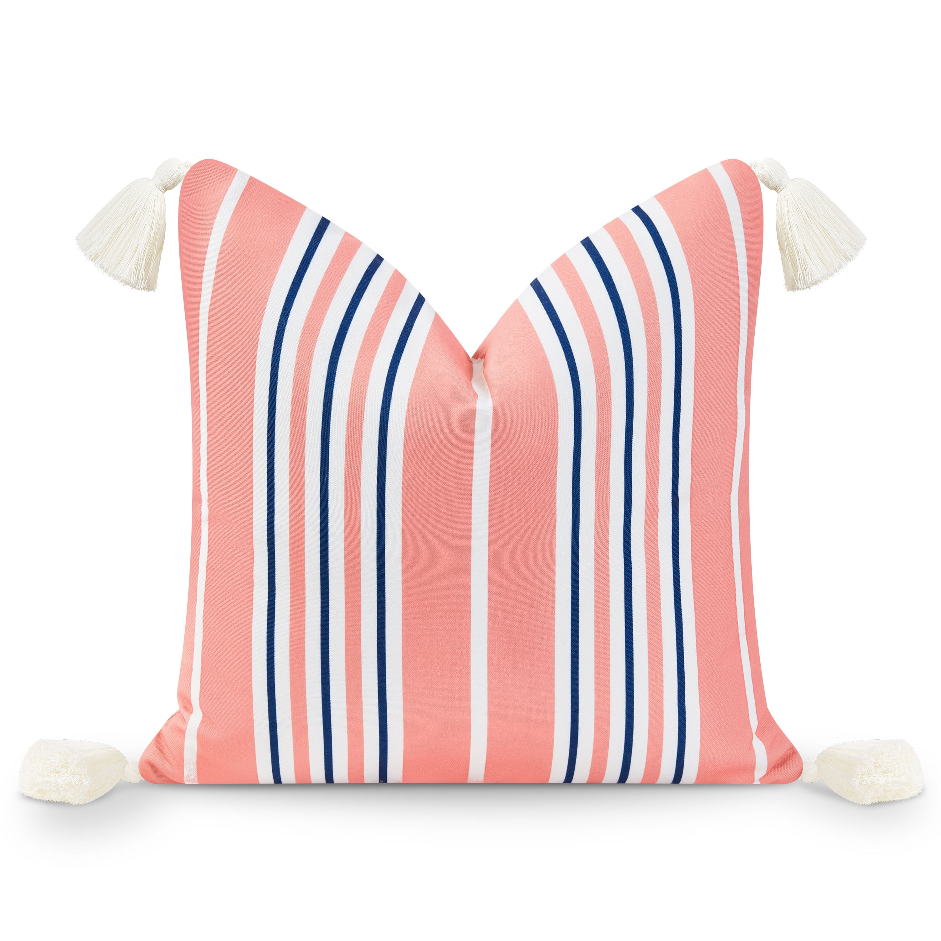 Coastal Indoor Outdoor Throw Pillow Cover, Stripe Tassel, Coral Pink Navy Blue, 18"x18"-0