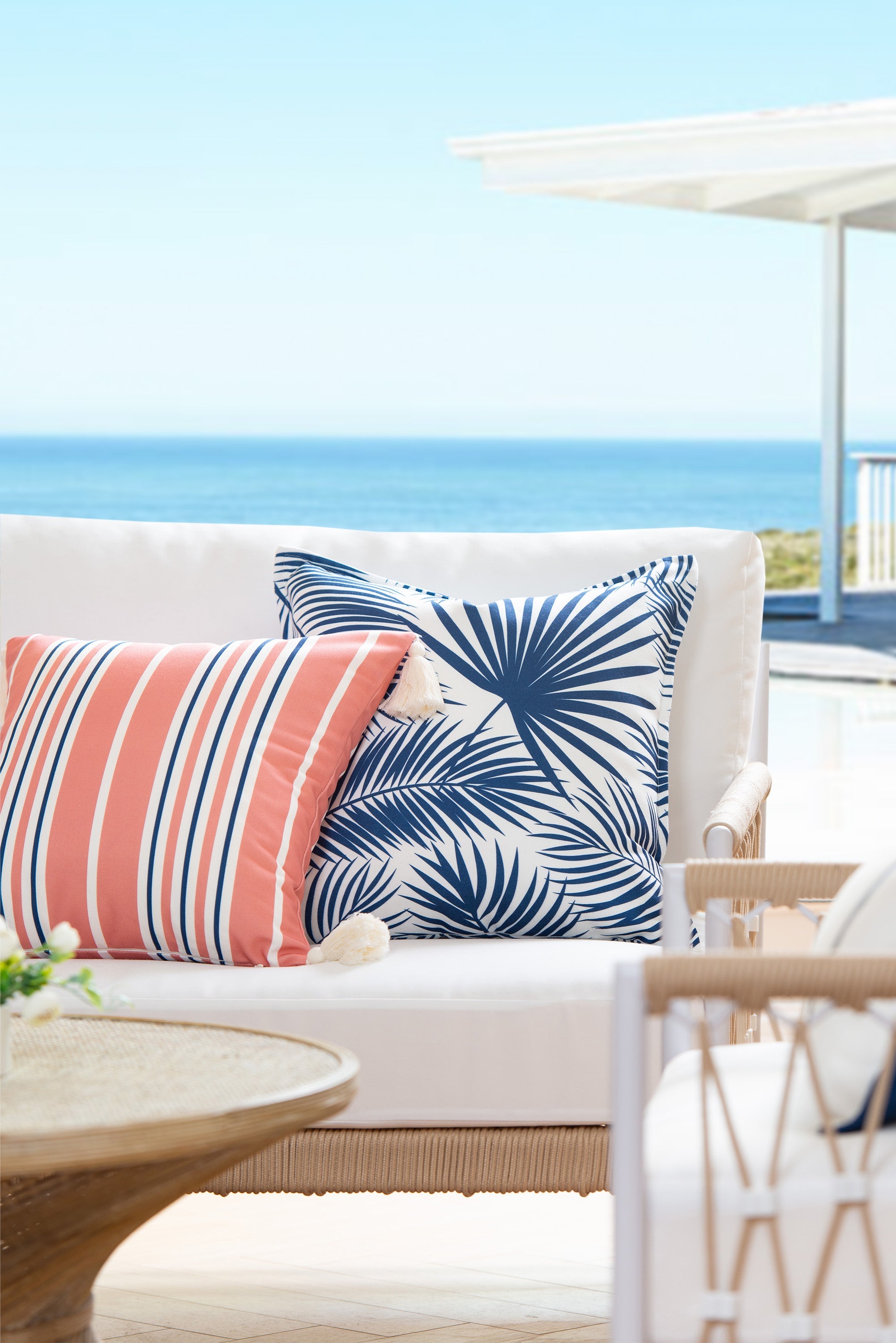 Coastal Indoor Outdoor Throw Pillow Cover, Stripe Tassel, Coral Pink Navy Blue, 18"x18"-1