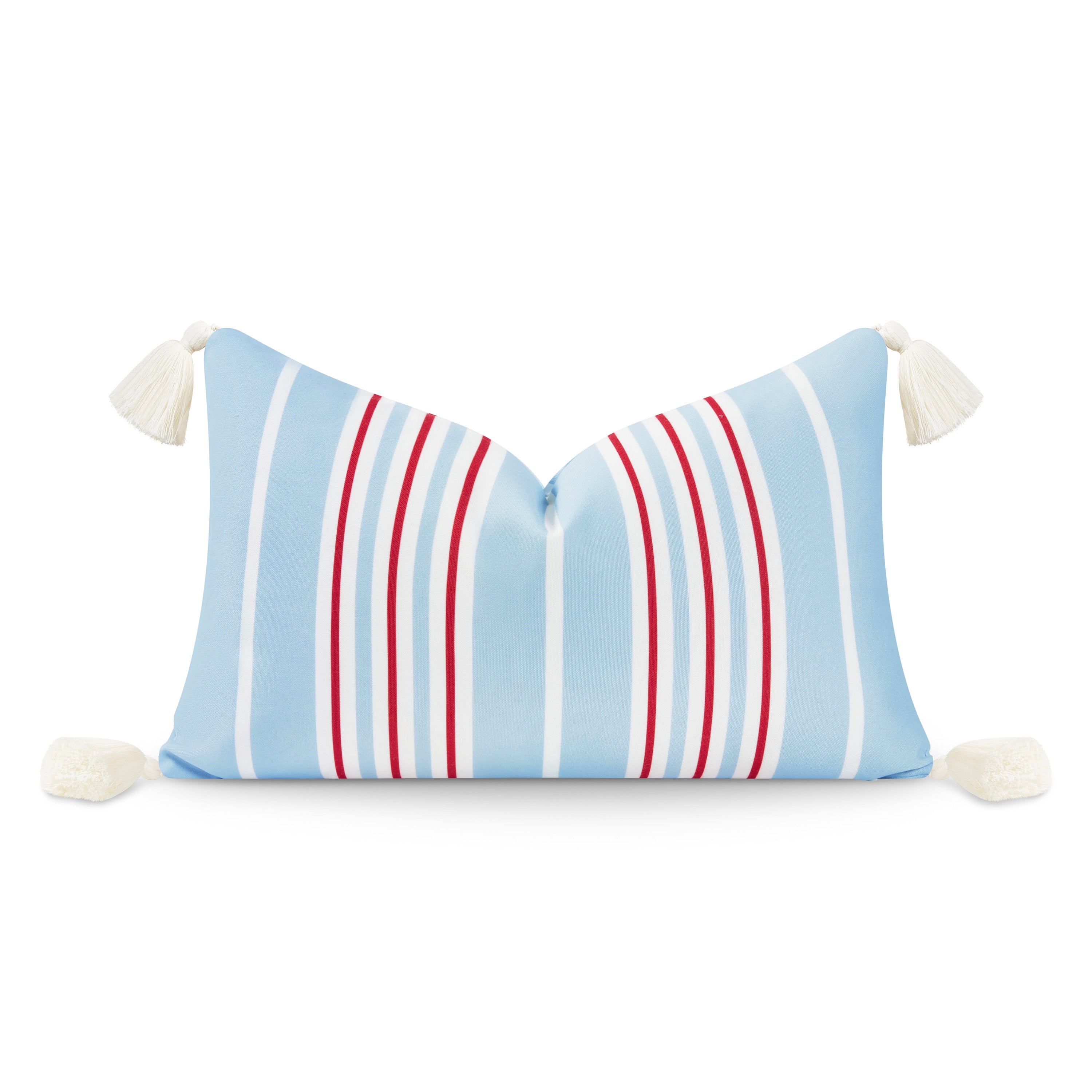 Coastal Hampton Style Indoor Outdoor Lumbar Pillow Cover, Stripe Tassel, Baby Blue Red, 12"x20"