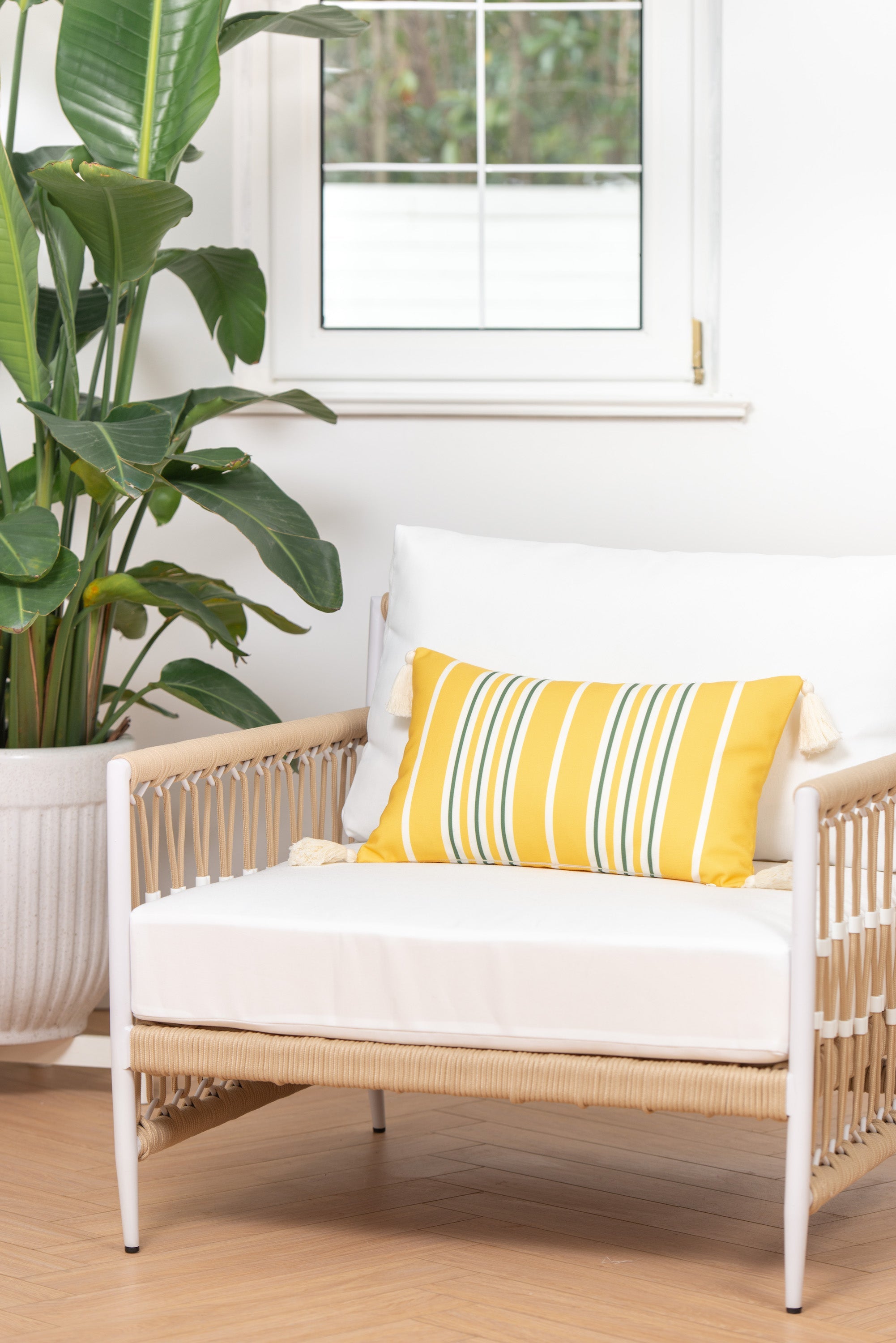 Coastal Indoor Outdoor Lumbar Pillow Cover, Stripe Tassel, Pale Yellow Green, 12"x20"