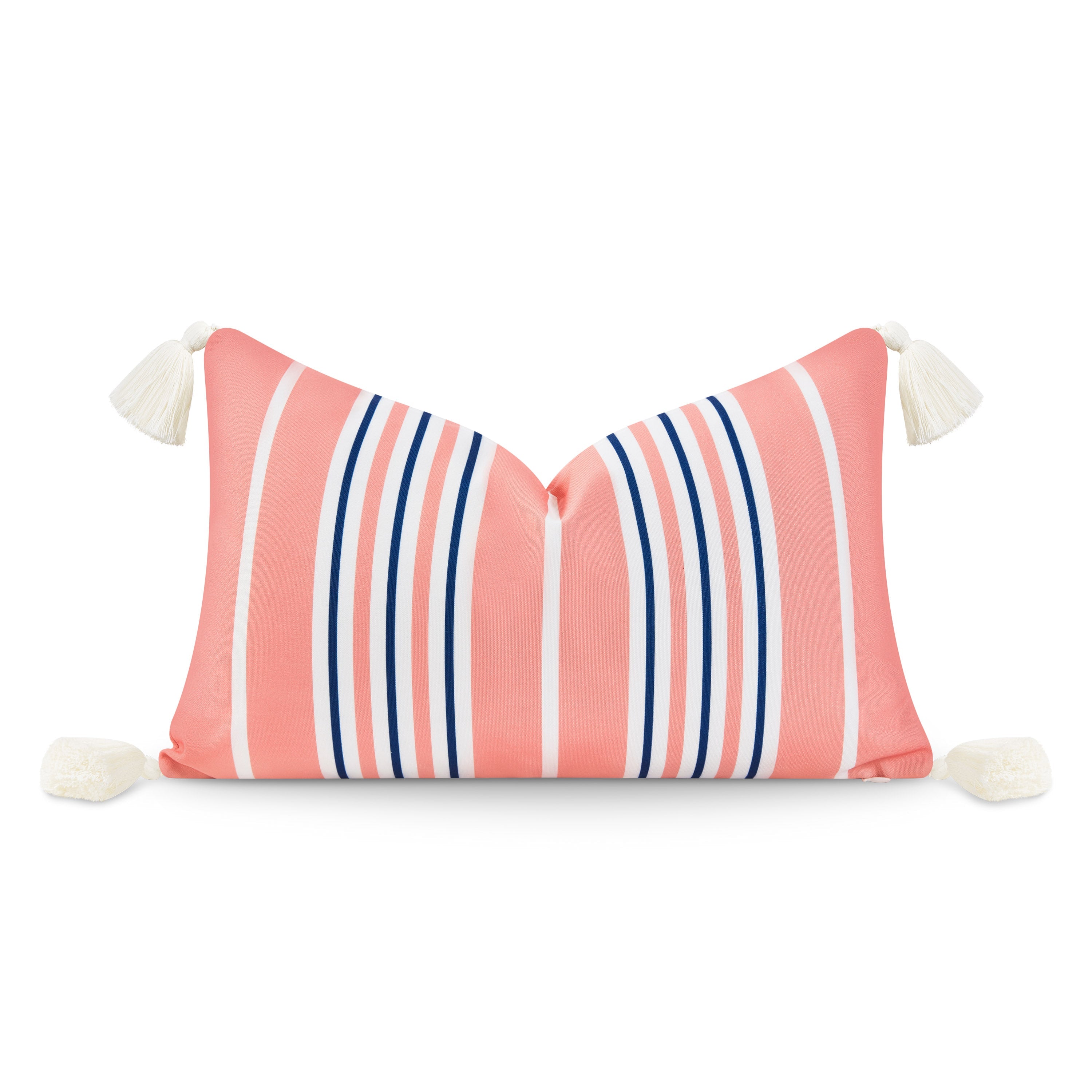 Coastal Indoor Outdoor Lumbar Pillow Cover, Stripe Tassel, Coral Pink Navy Blue, 12"x20"