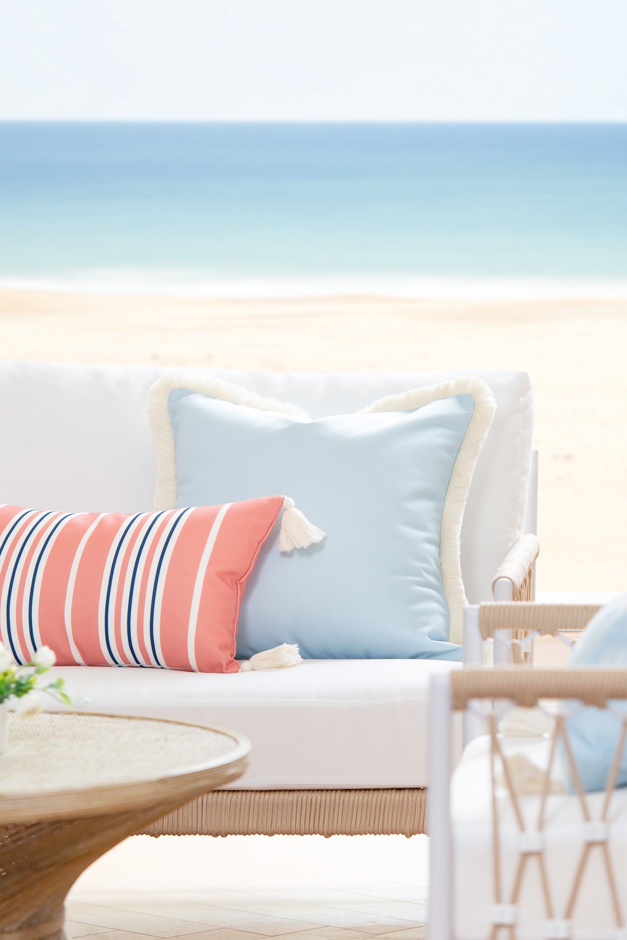 Coastal Indoor Outdoor Lumbar Pillow Cover, Stripe Tassel, Coral Pink Navy Blue, 12"x20"