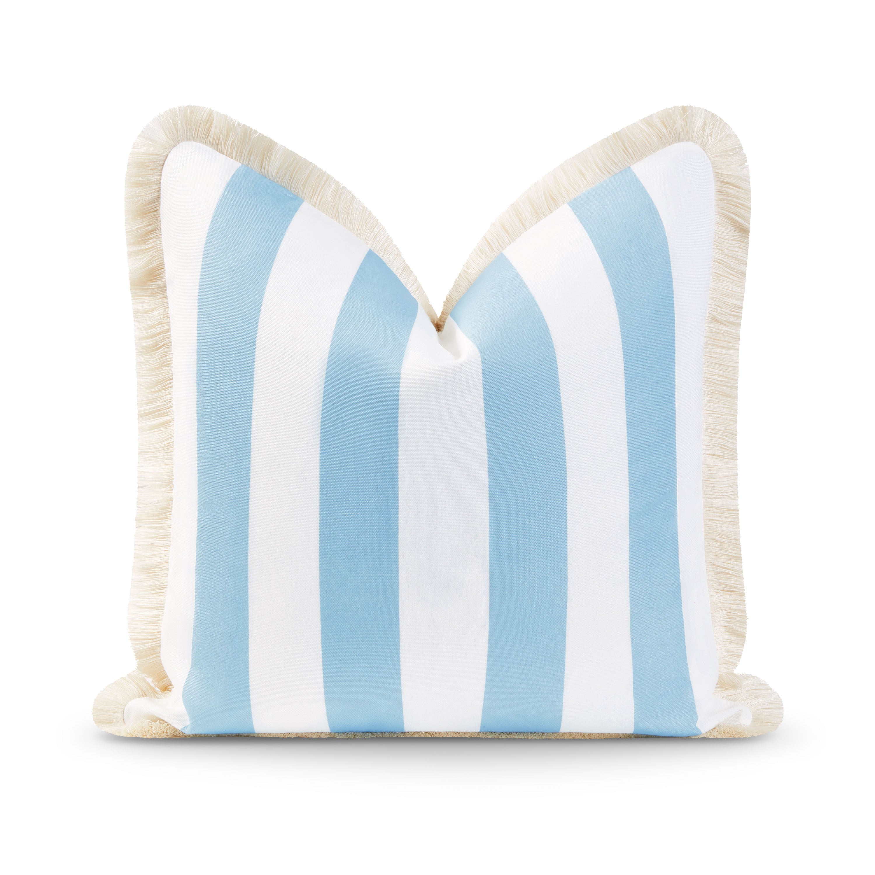 Coastal Hampton Style Indoor Outdoor Pillow Cover, Stripe Fringe, Baby Blue, 20"x20"-0