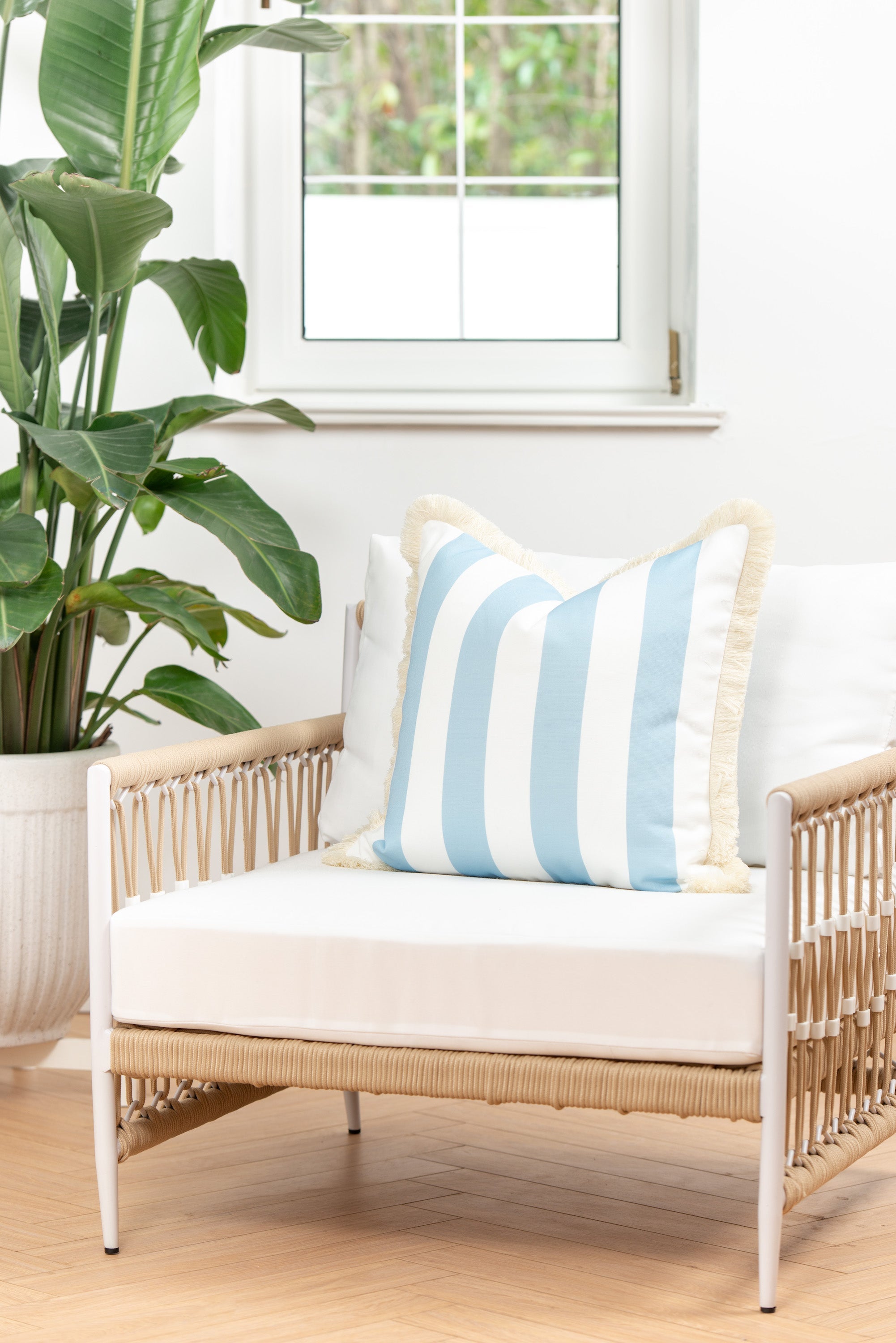 Coastal Hampton Style Indoor Outdoor Pillow Cover, Stripe Fringe, Baby Blue, 20"x20"