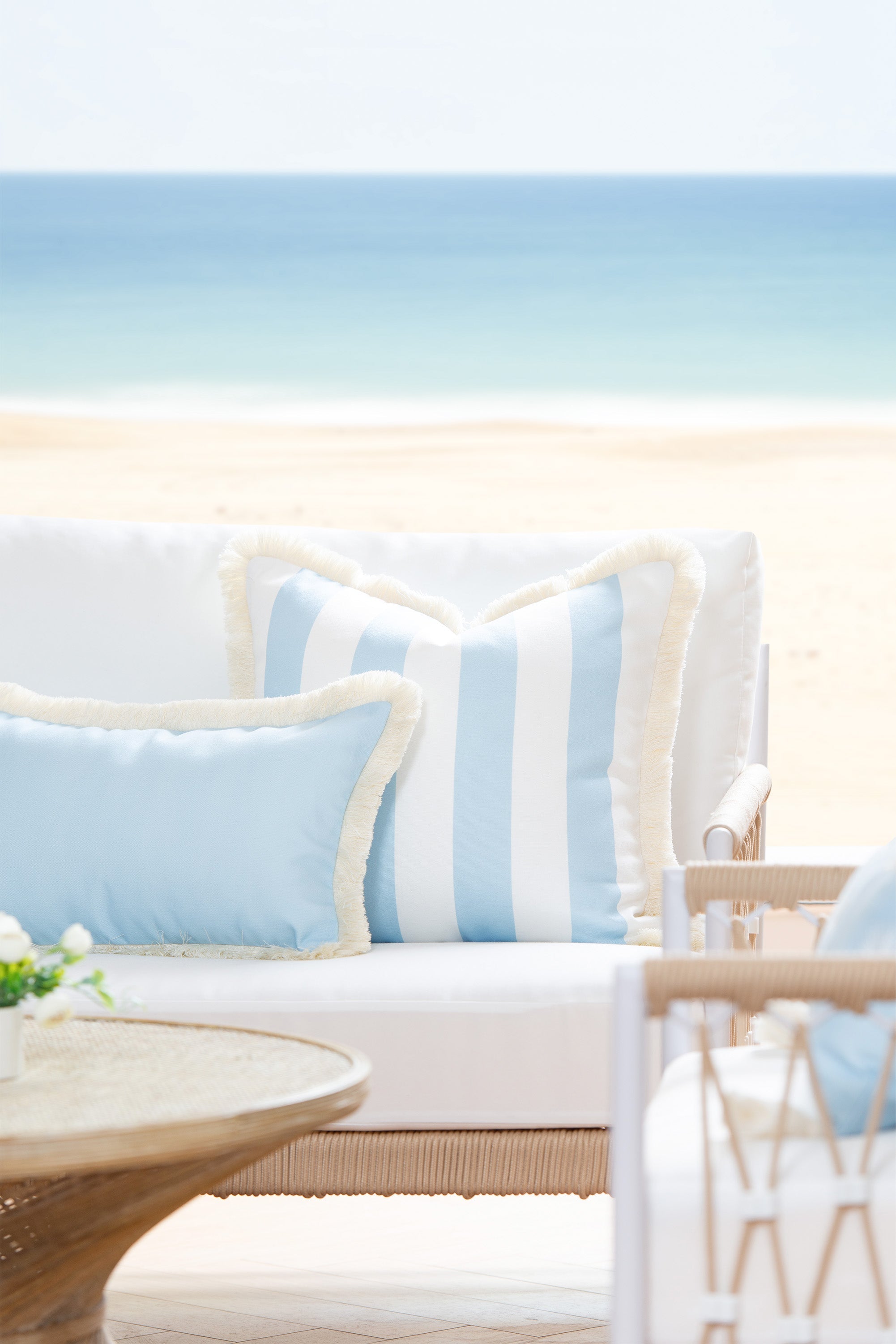 Coastal Hampton Style Indoor Outdoor Pillow Cover, Stripe Fringe, Baby Blue, 20"x20"-1