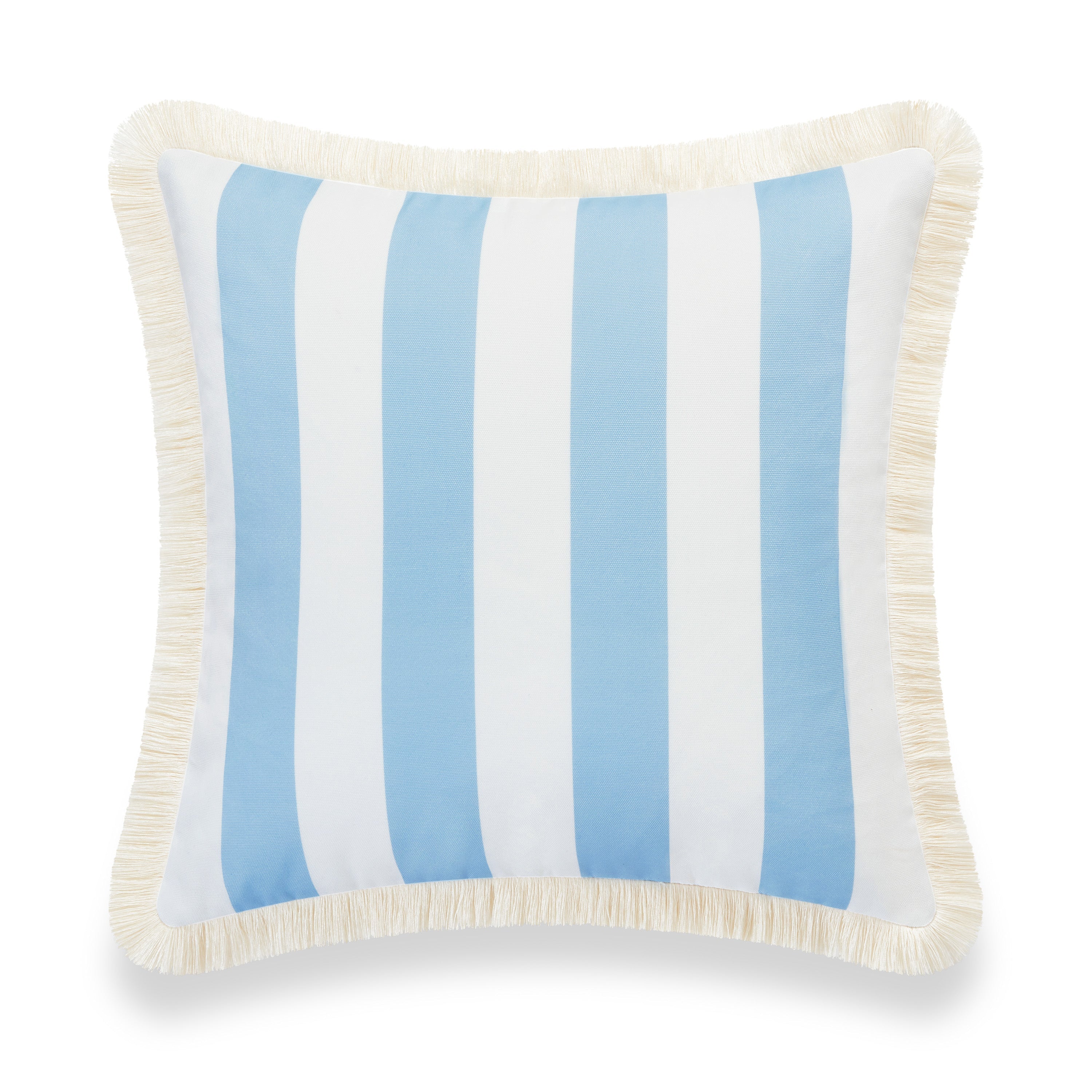 Coastal Hampton Style Indoor Outdoor Pillow Cover, Stripe Fringe, Baby Blue, 20"x20"