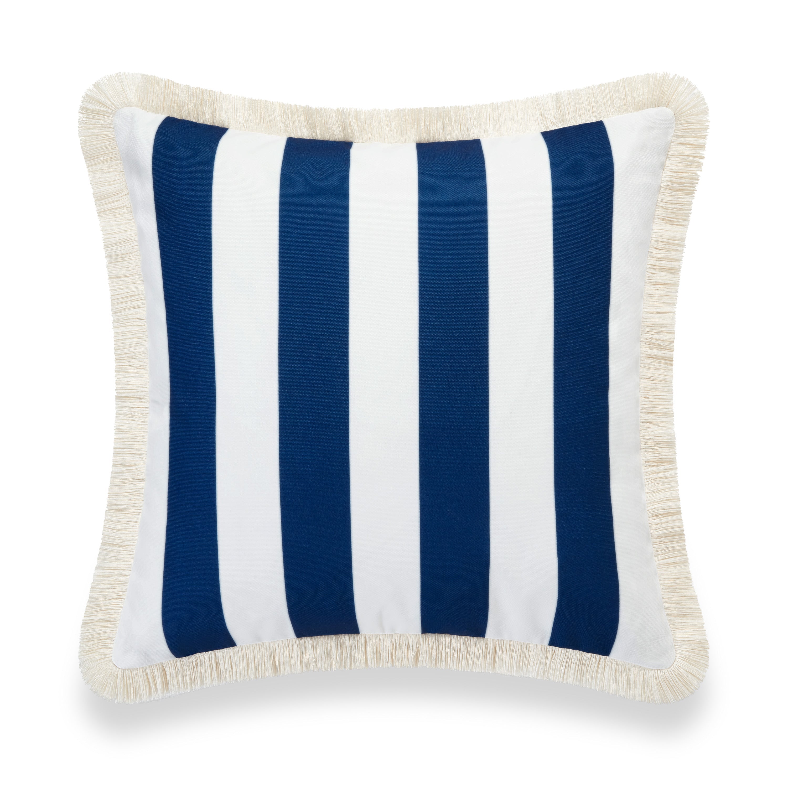 Coastal Hampton Style Indoor Outdoor Pillow Cover, Stripe Fringe, Navy Blue, 20"x20"
