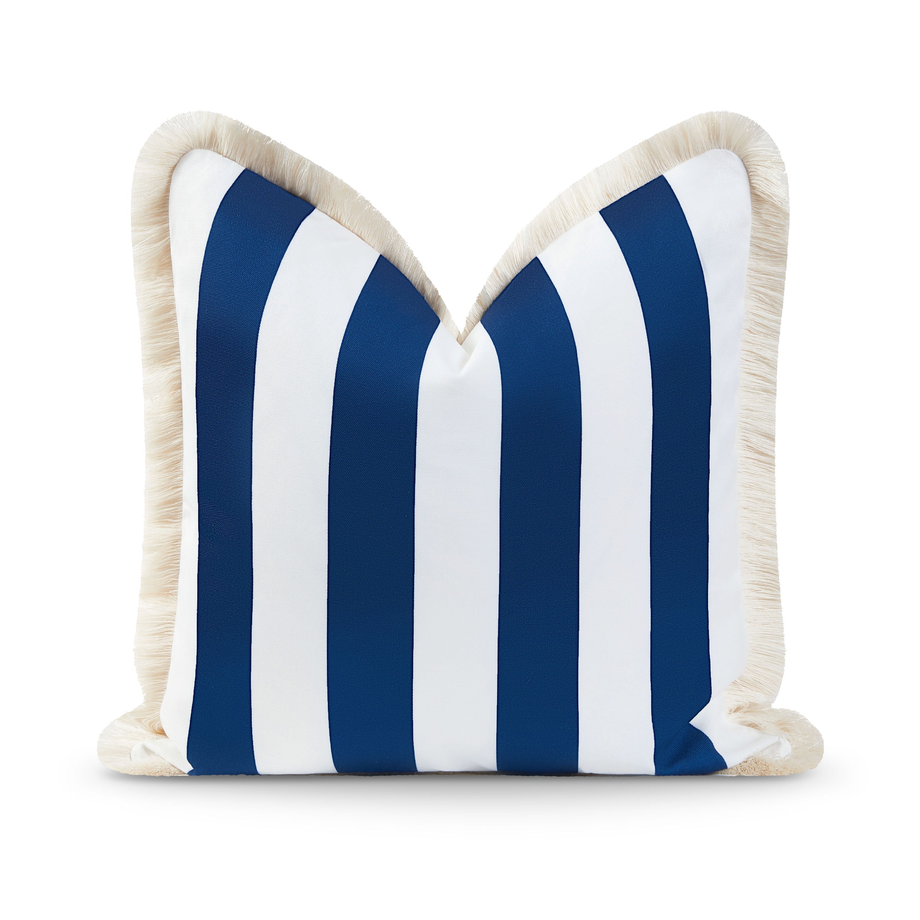 Coastal Hampton Style Indoor Outdoor Pillow Cover, Stripe Fringe, Navy Blue, 20"x20"-0
