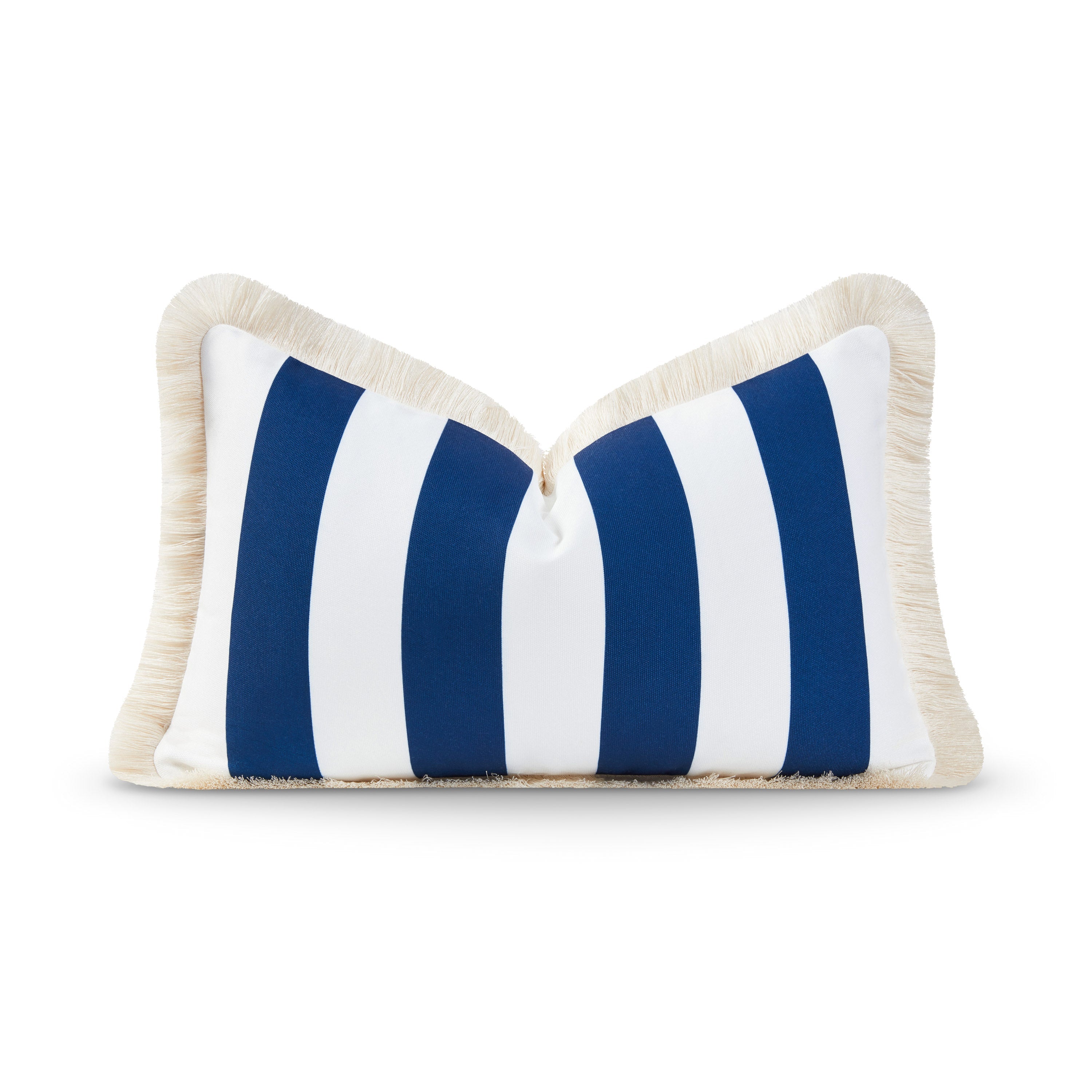 Coastal Hampton Style Indoor Outdoor Lumbar Pillow Cover, Stripe Fringe, Navy Blue, 12"x20"-0