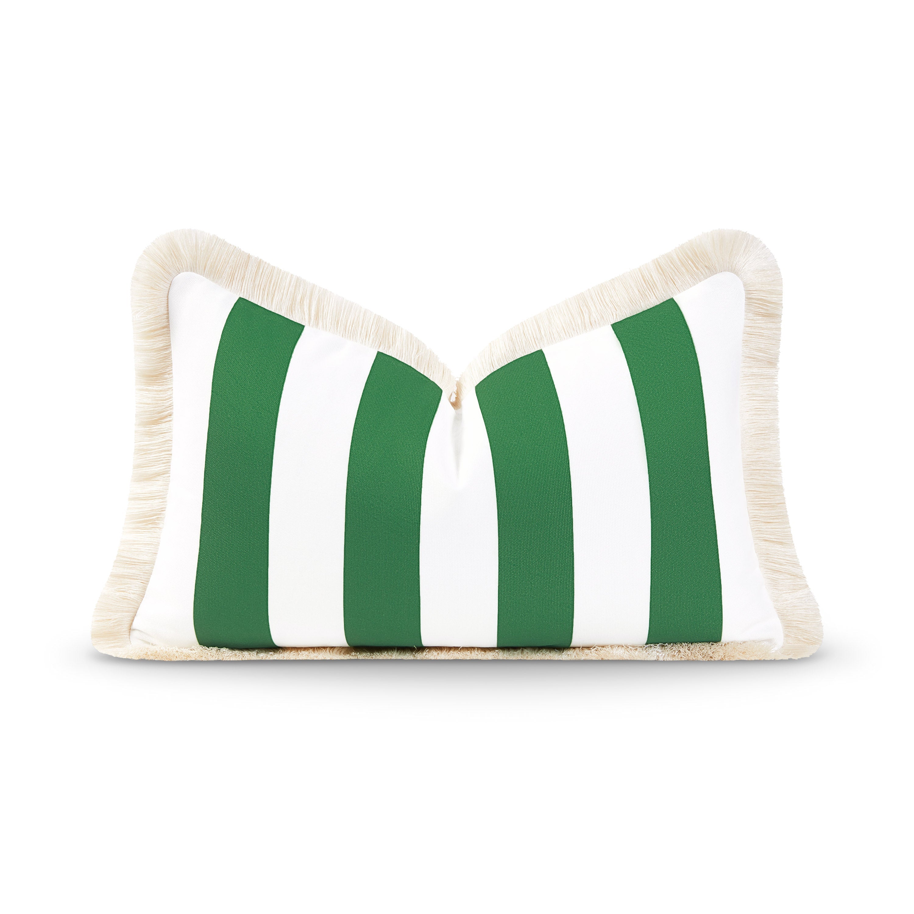 Coastal Indoor Outdoor Lumbar Pillow Cover, Stripe Fringe, Green, 12"x20"-0