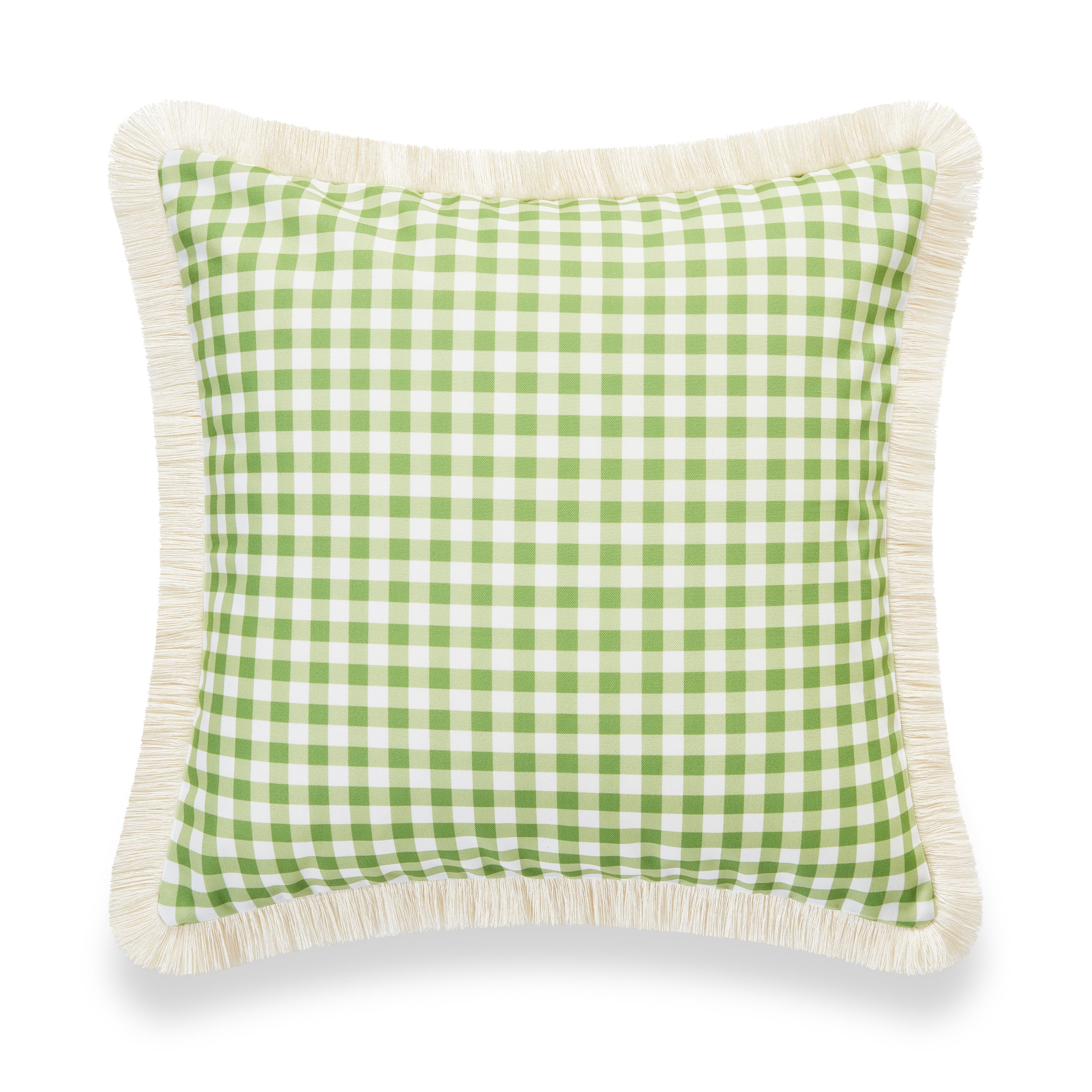 Coastal Indoor Outdoor Pillow Cover, Gingham Fringe, Green, 20"x20"