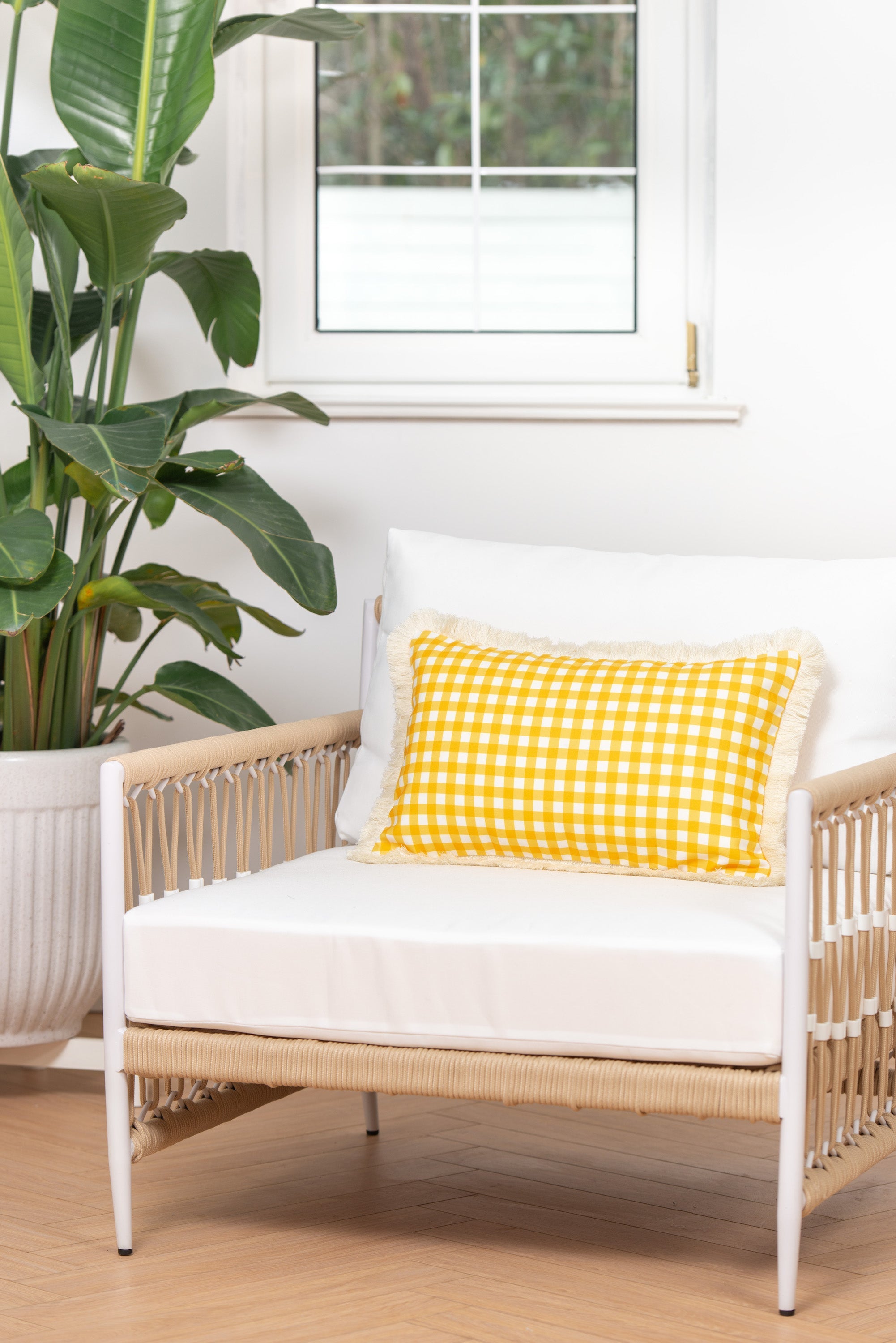 Coastal Indoor Outdoor Lumbar Pillow Cover, Gingham Fringe, Yellow, 12"x20"