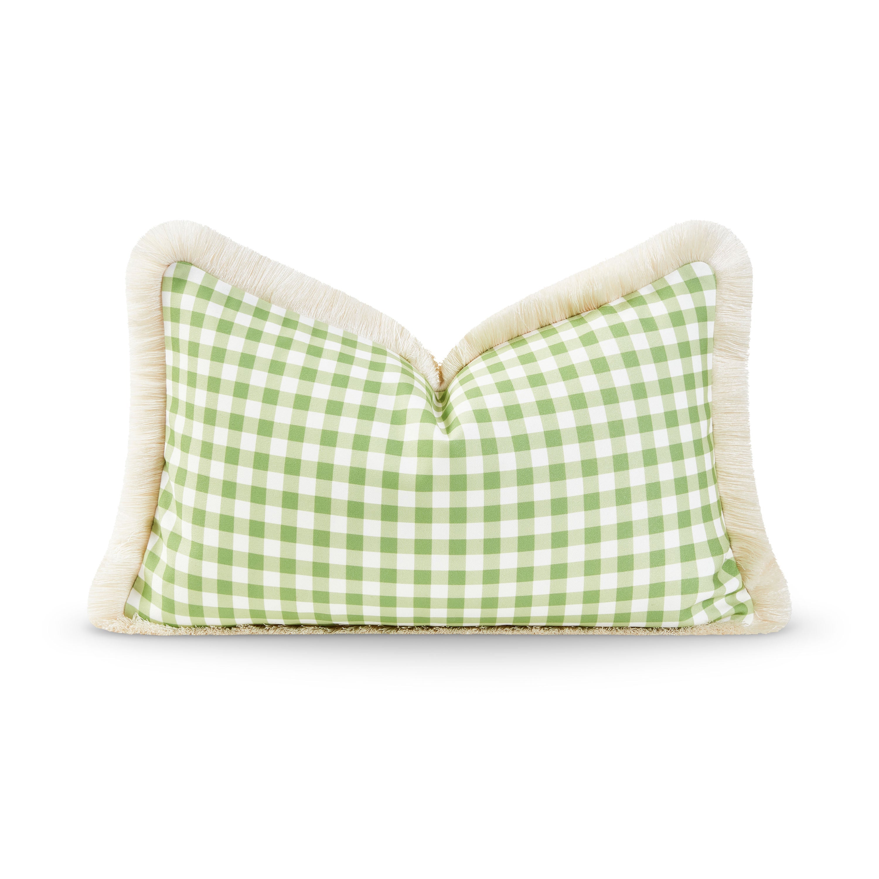 Coastal Indoor Outdoor Lumbar Pillow Cover, Gingham Fringe, Green, 12"x20"
