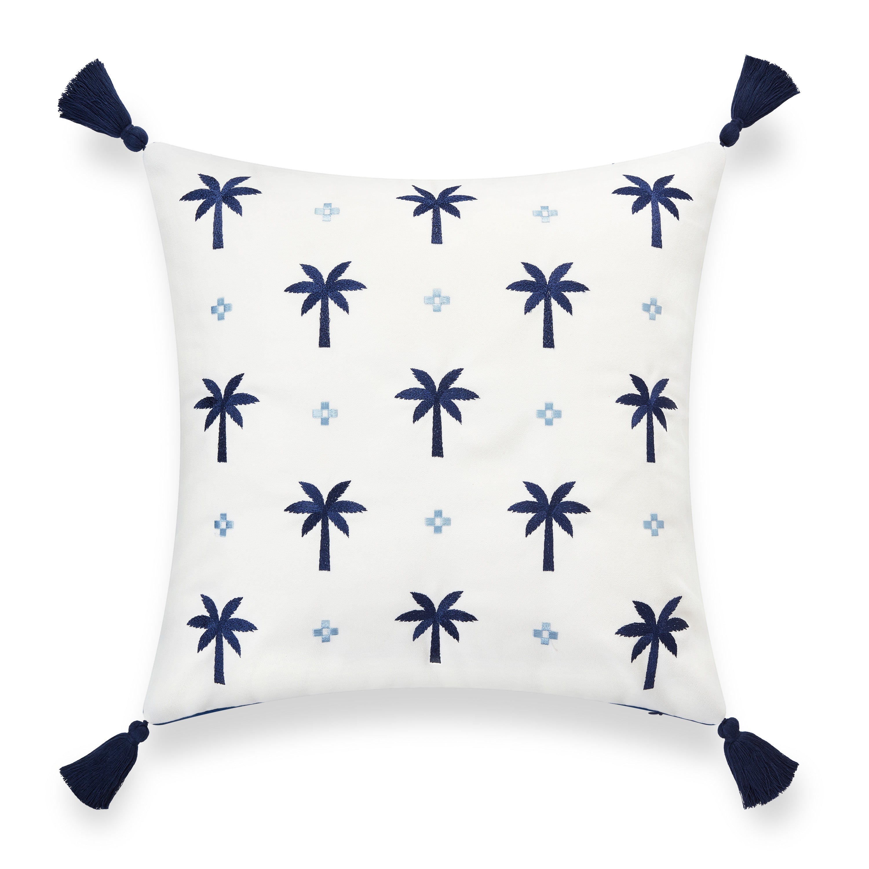 Coastal Hampton Style Indoor Outdoor Pillow Cover, Embroidered Palm Tree Tassel, Navy Blue Baby, 20"x20"