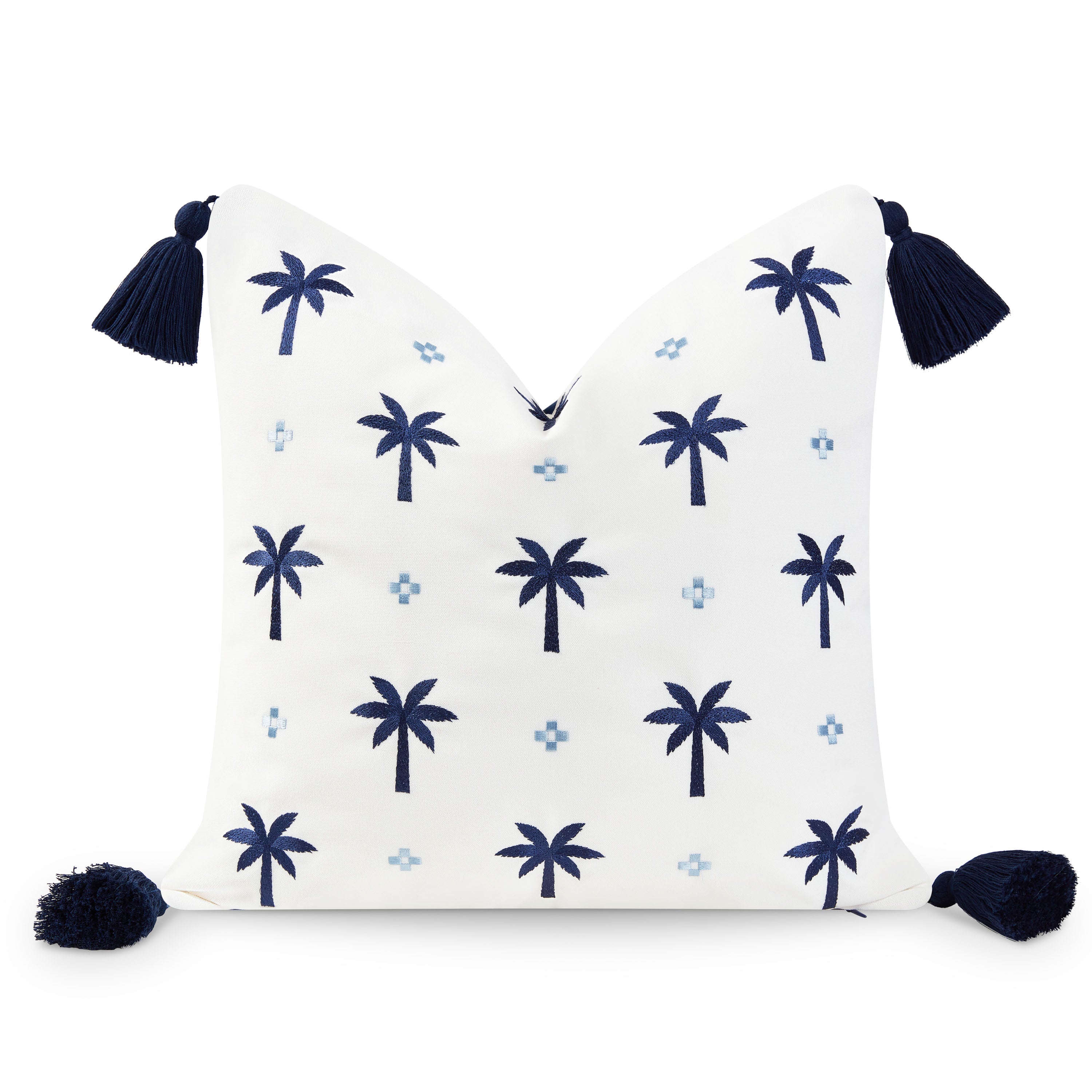Coastal Hampton Style Indoor Outdoor Pillow Cover, Embroidered Palm Tree Tassel, Navy Blue Baby, 20"x20"-0