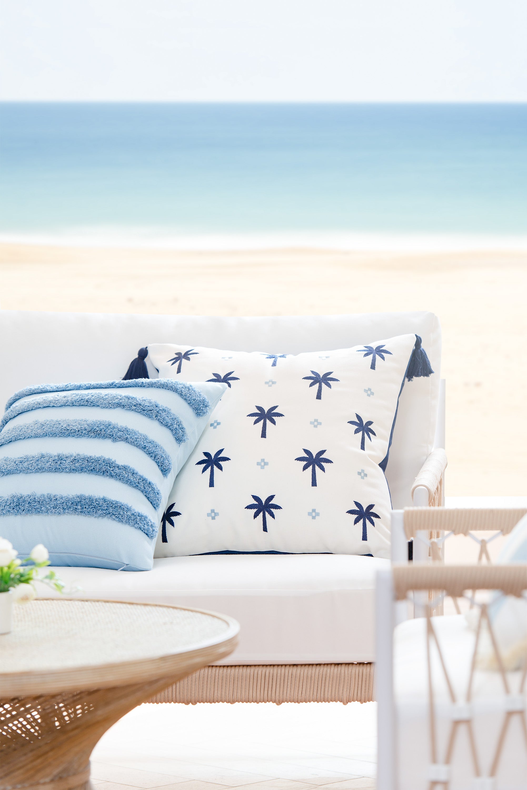 Coastal Hampton Style Indoor Outdoor Pillow Cover, Embroidered Palm Tree Tassel, Navy Blue Baby, 20"x20"-1
