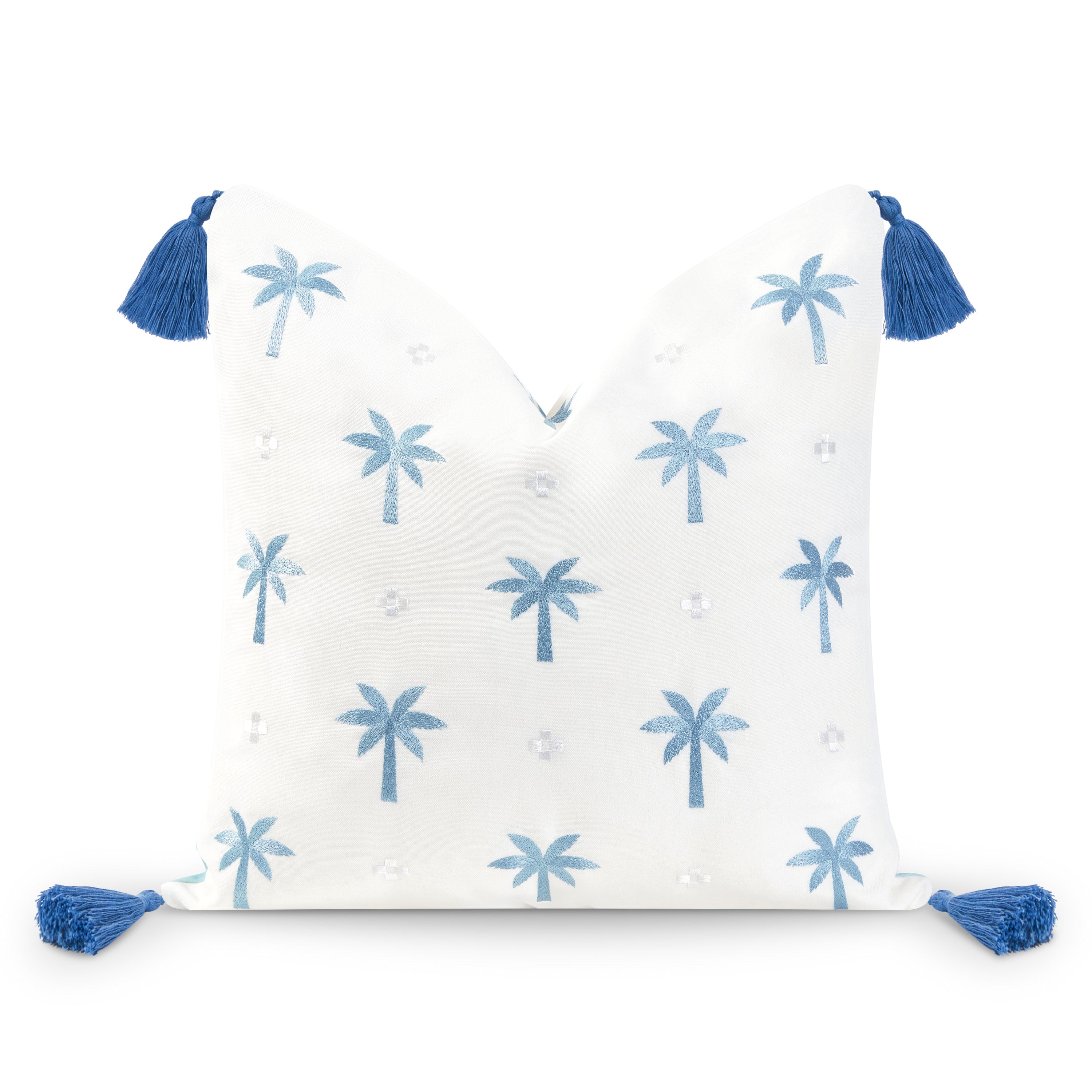 Coastal Hampton Style Indoor Outdoor Pillow Cover, Embroidered Palm Tree Tassel, Baby Blue, 20"x20"