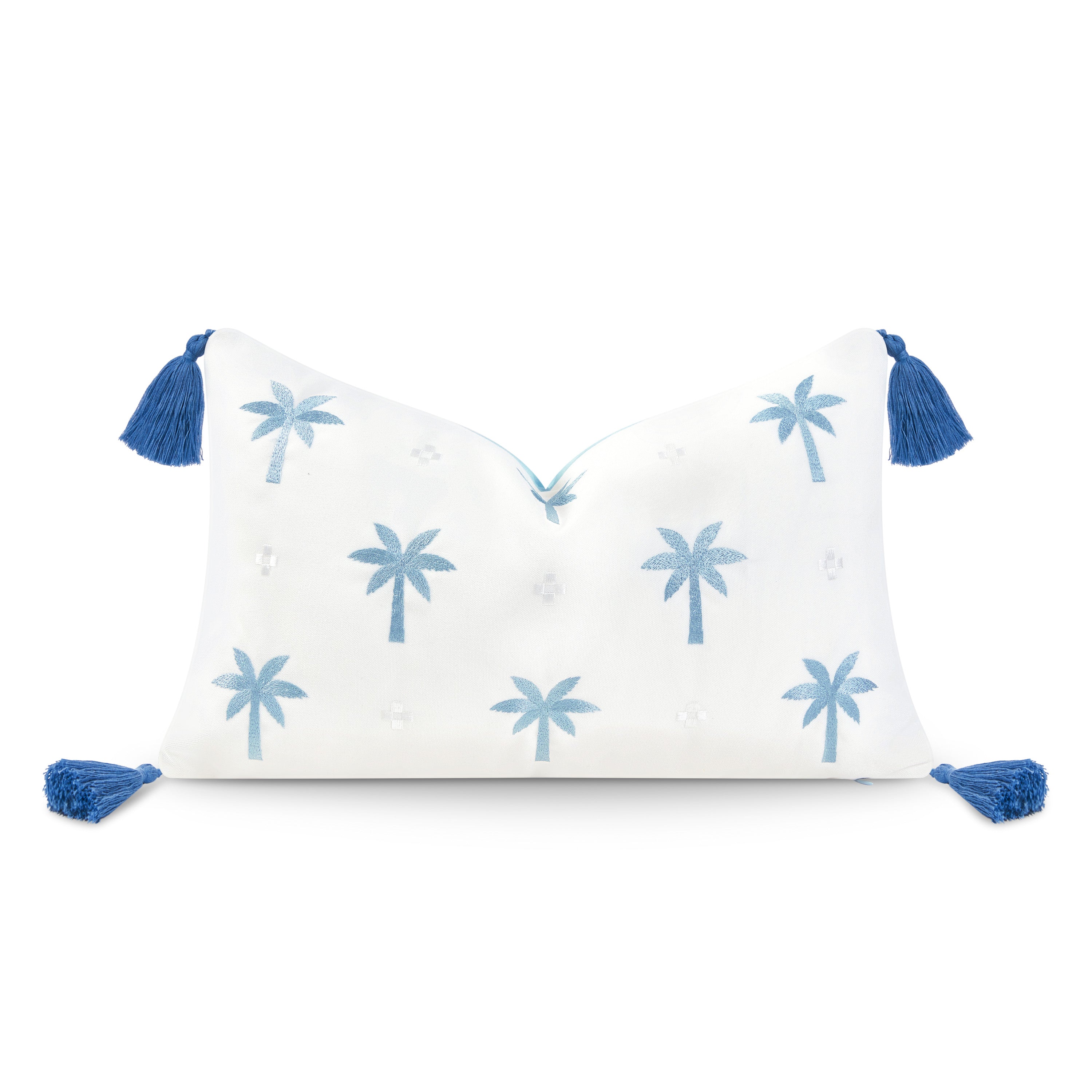 Coastal Hampton Style Indoor Outdoor Lumbar Pillow Cover, Embroidered Palm Tree Tassel, Baby Blue, 12"x20"