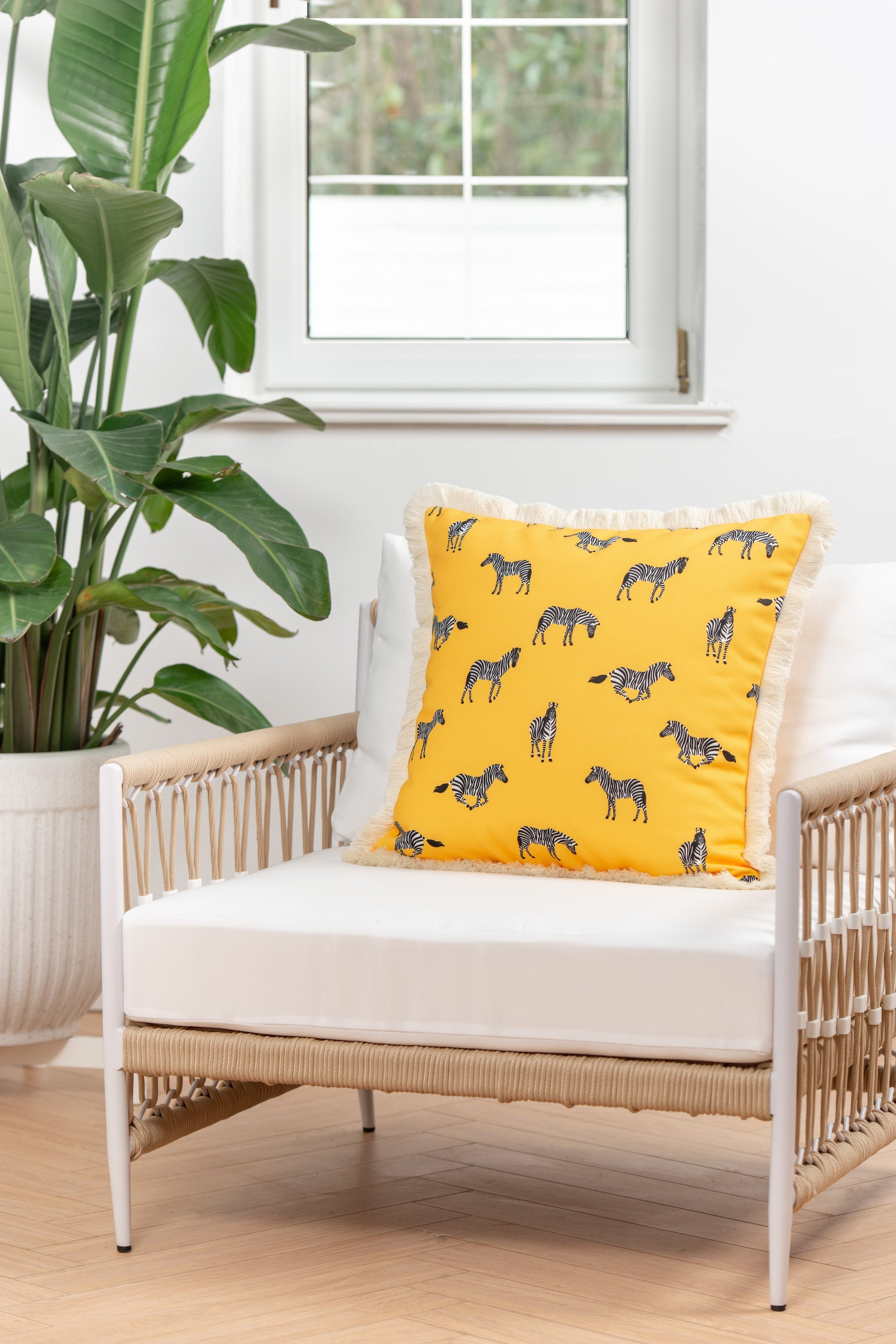 Tropical Indoor Outdoor Pillow Cover, Zebra Fringe, Yellow, 20"x20"