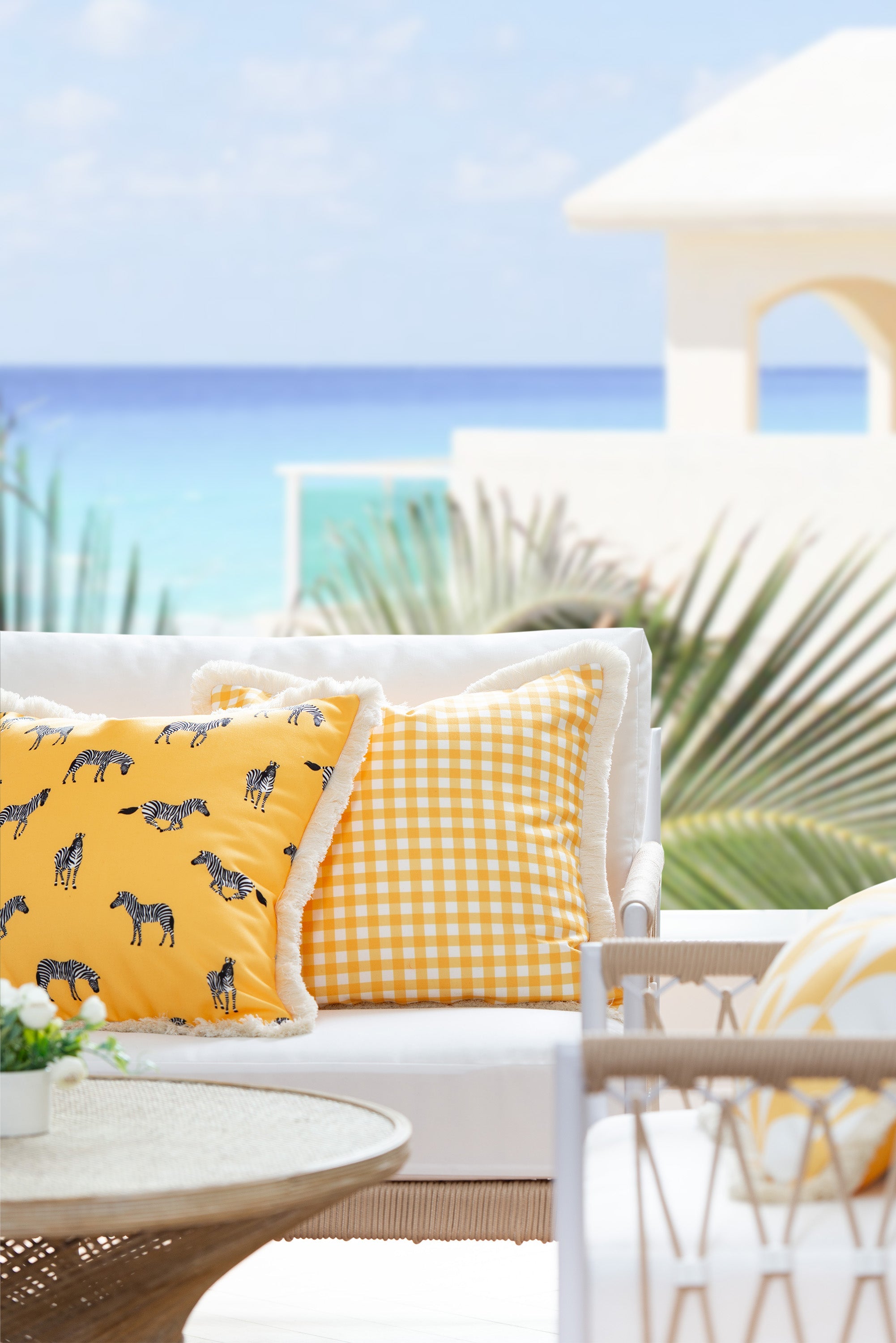 Tropical Indoor Outdoor Pillow Cover, Zebra Fringe, Yellow, 20"x20"