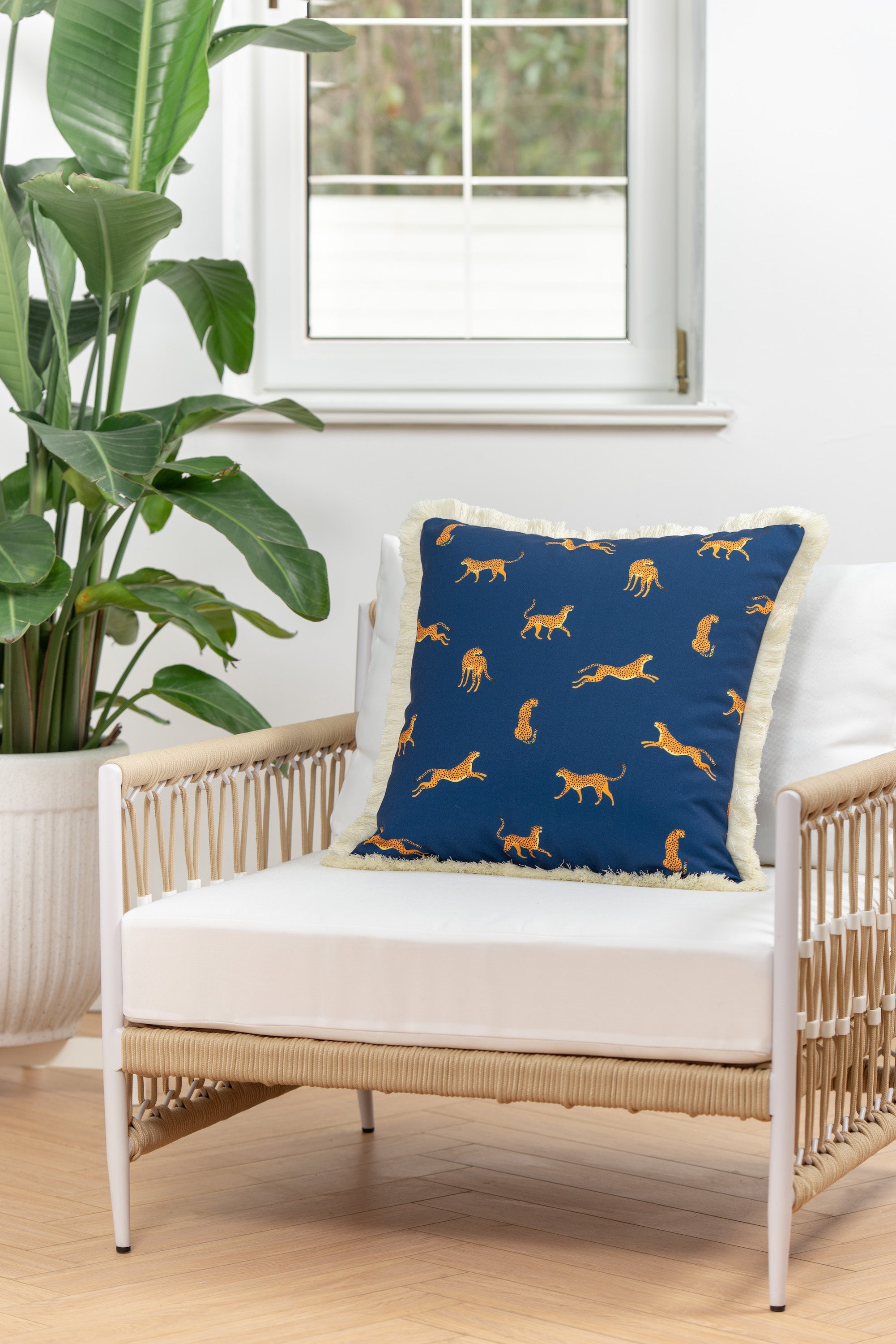 Tropical Indoor Outdoor Pillow Cover, Leopard Fringe, Navy Blue, 20"x20"