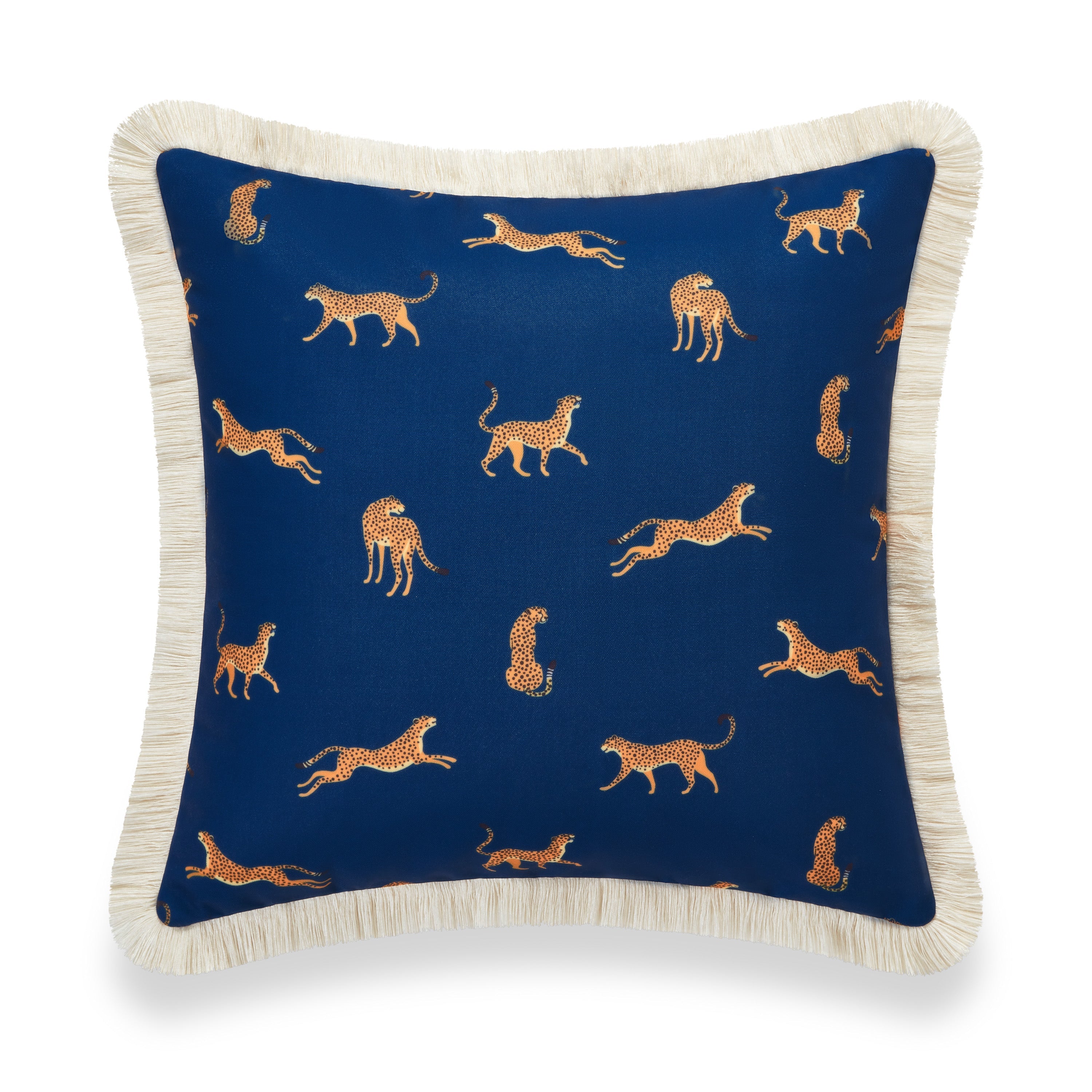 Tropical Indoor Outdoor Pillow Cover, Leopard Fringe, Navy Blue, 20"x20"