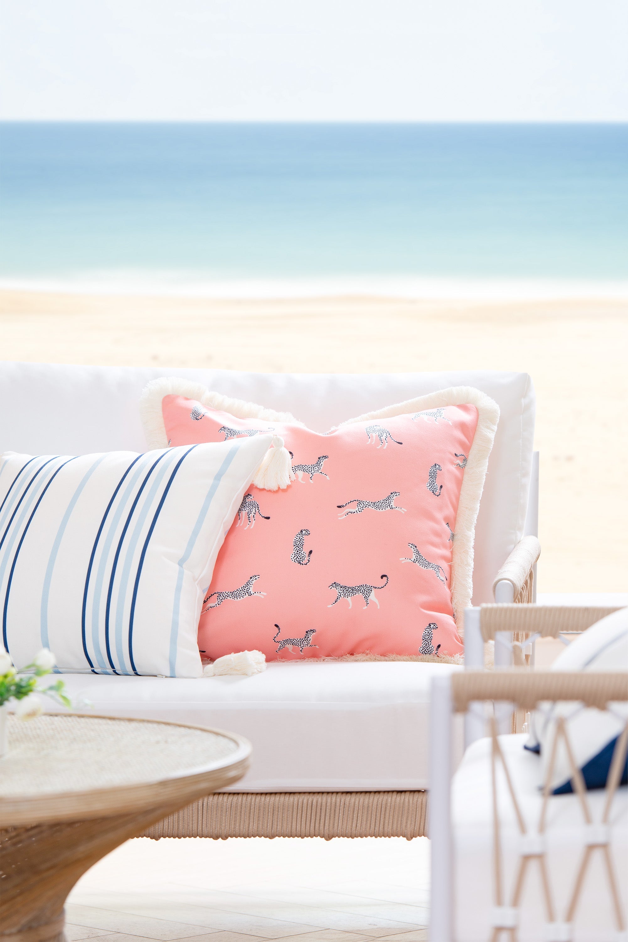 Tropical Indoor Outdoor Pillow Cover, Leopard Fringe, Pink, 20"x20"