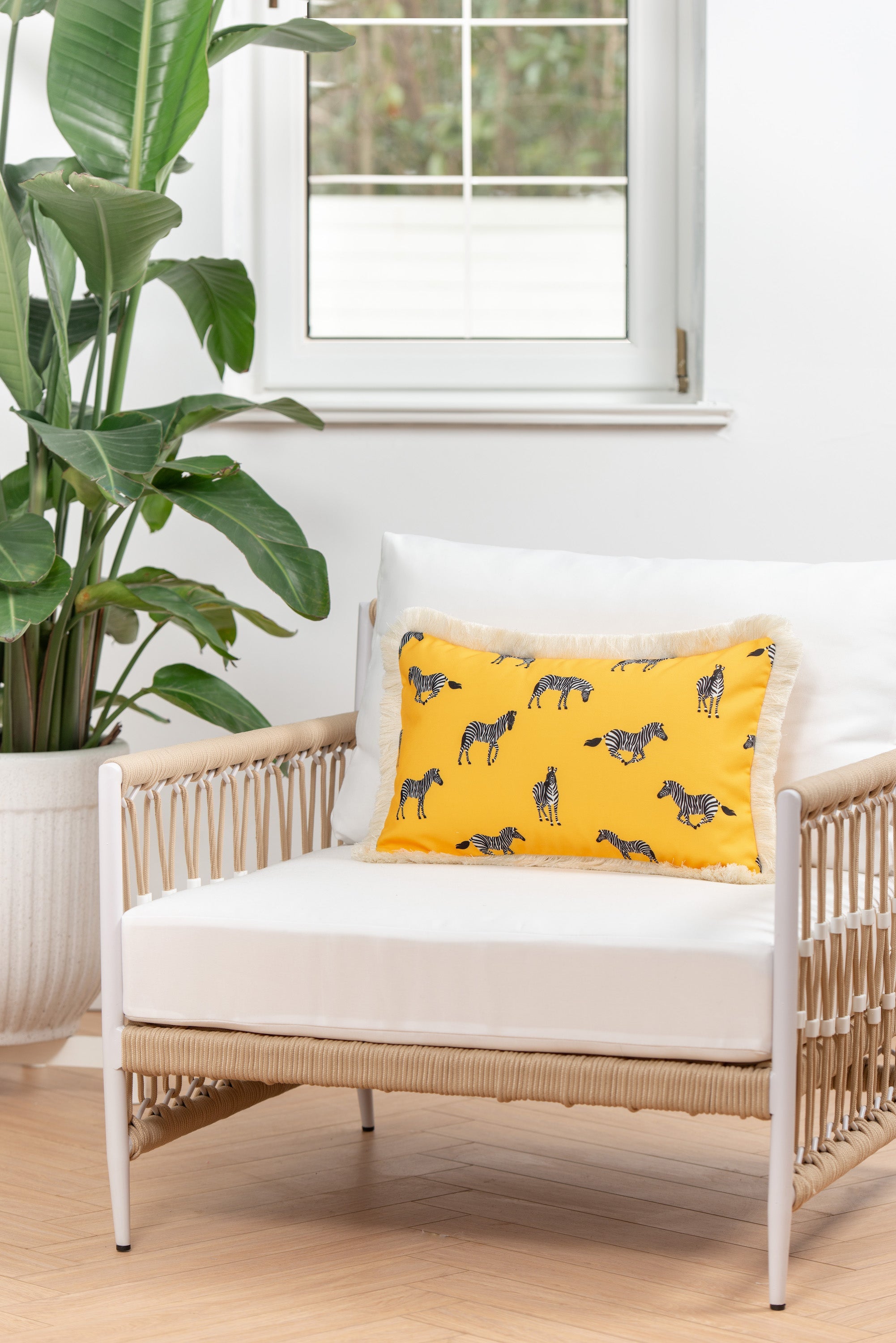 Tropical Indoor Outdoor Lumbar Pillow Cover, Zebra Fringe, Yellow, 12"x20"