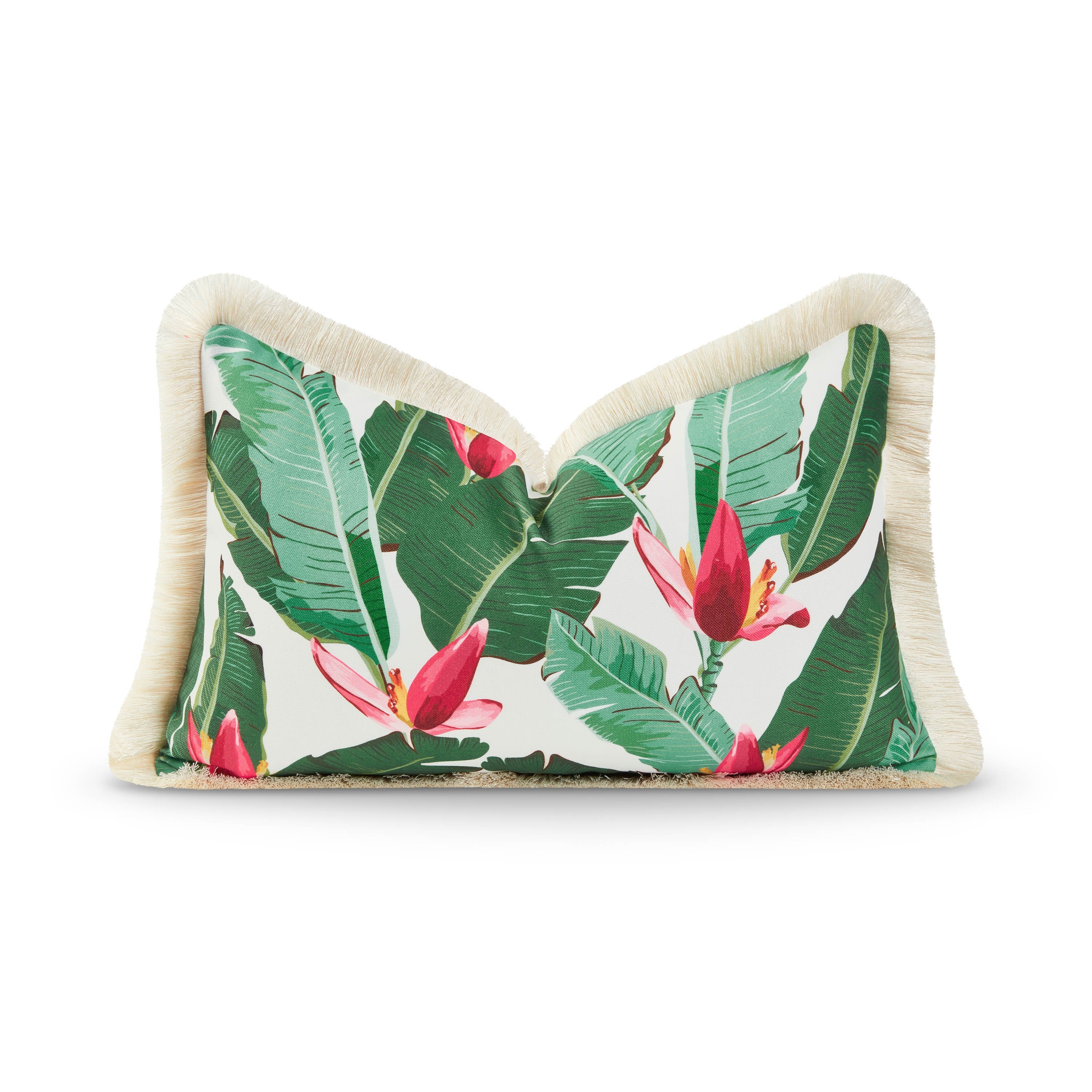 Tropical Indoor Outdoor Lumbar Pillow Cover, Banana Leaf Fringe, Green, 12"x20"-0