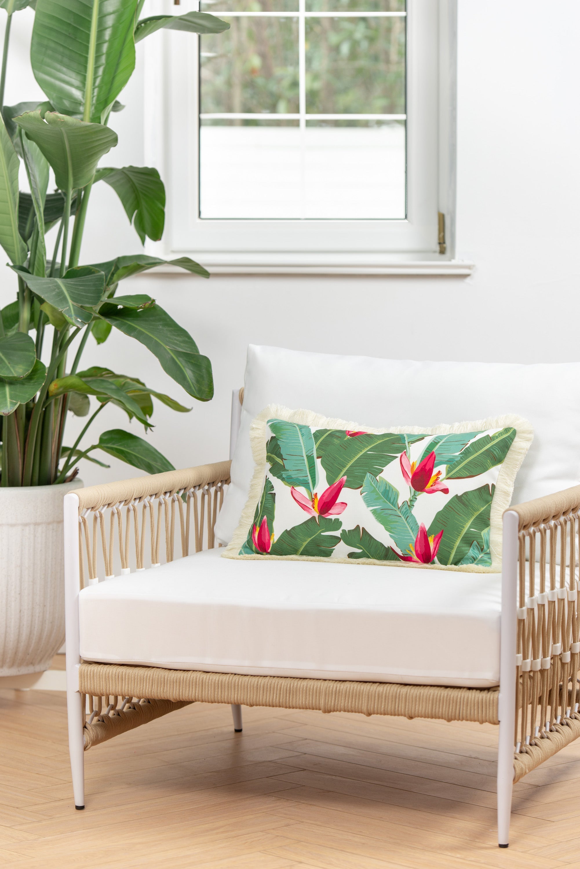 Tropical Indoor Outdoor Lumbar Pillow Cover, Banana Leaf Fringe, Green, 12"x20"