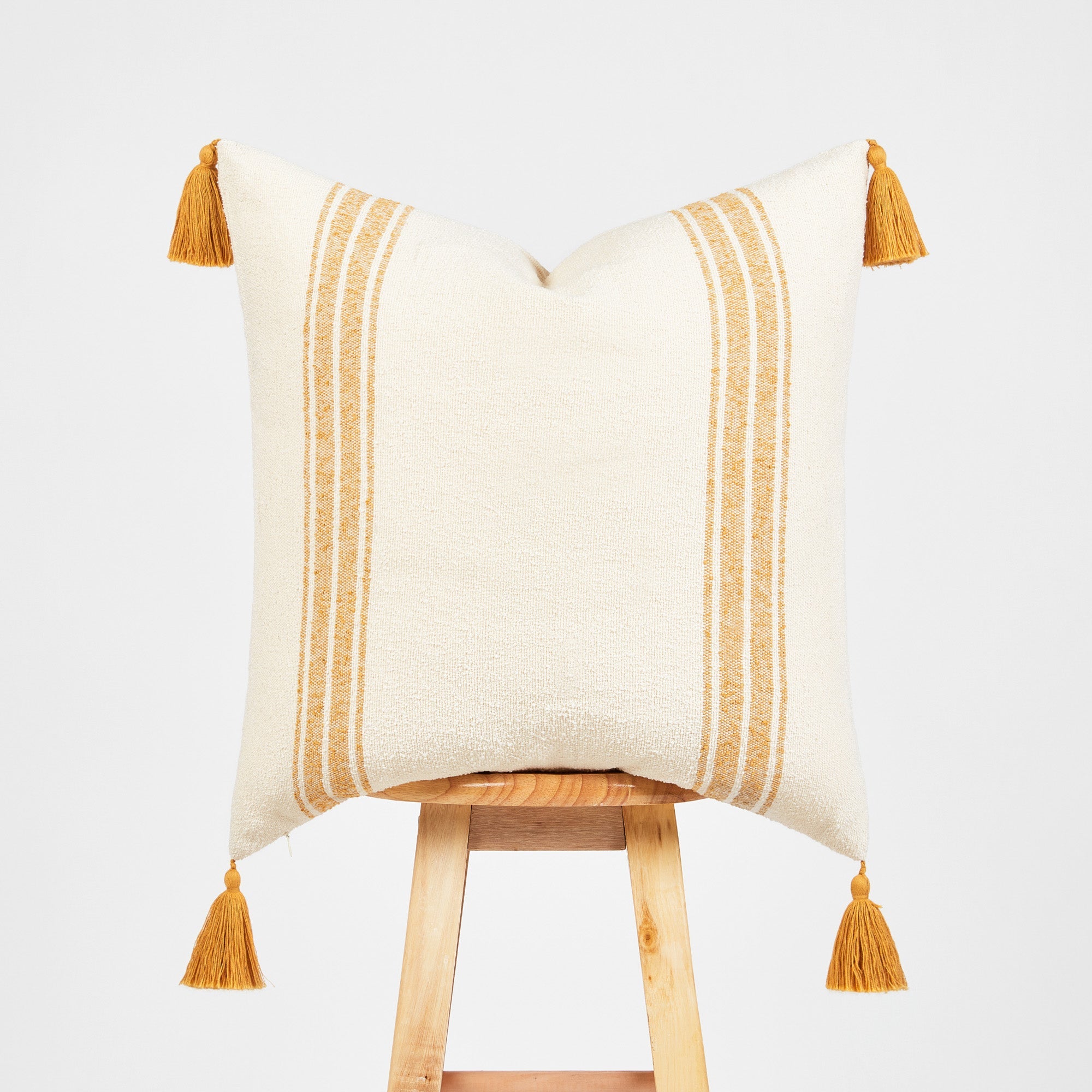 Modern Boho Moroccan Throw Pillow Cover, Golden Yellow Striped Tassels, 20"x20"