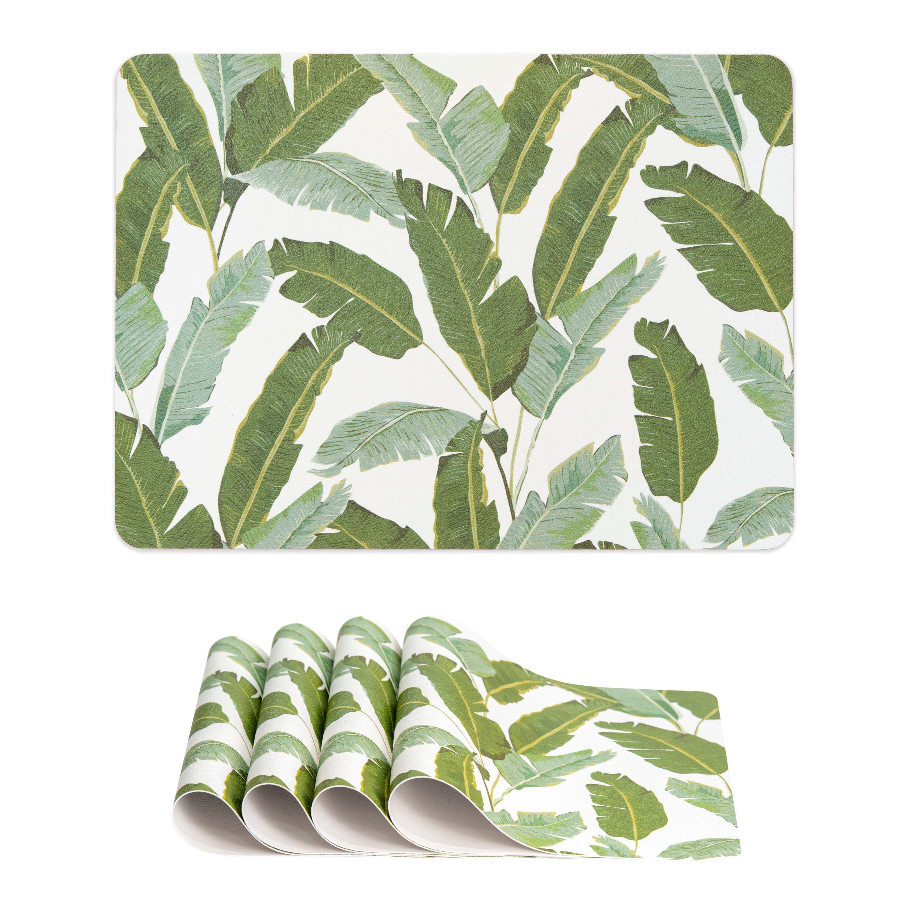 Coastal Vegan Leather Placemat, Banana Leaves, Green, 14"x19"-0