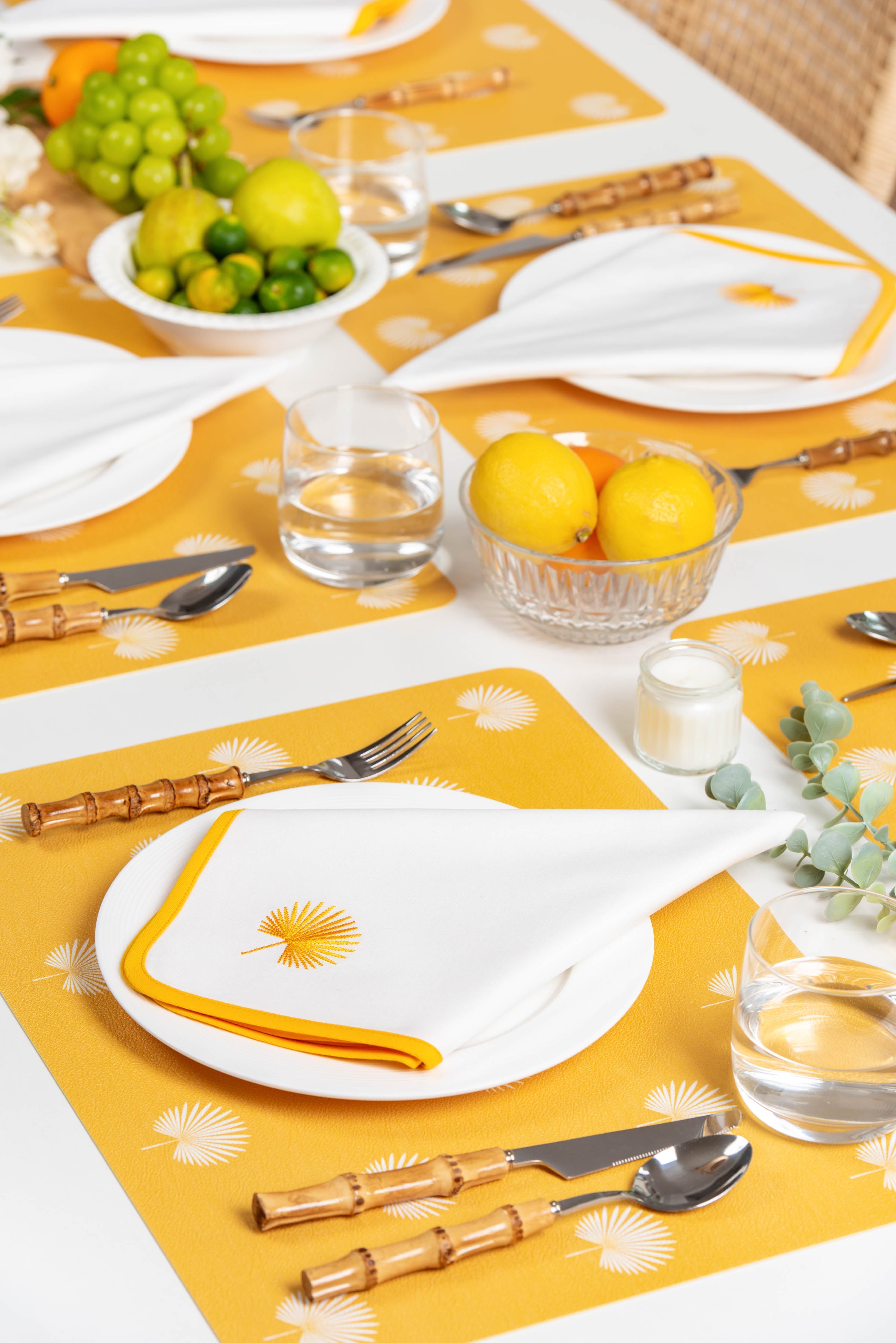 Coastal Vegan Leather Placemat, Palm Leaves, Yellow, 14"x19"-1